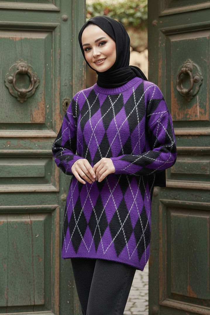 Baklava Desenli Triko Kazak - 28244-MOR - 1