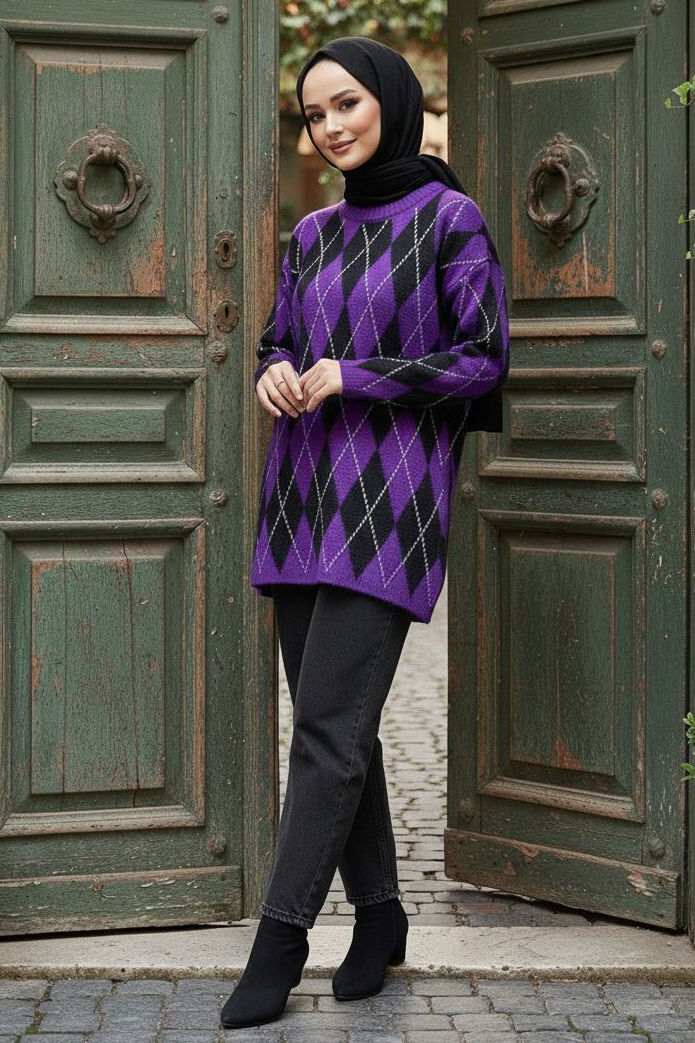 Baklava Desenli Triko Kazak - 28244-MOR - 2