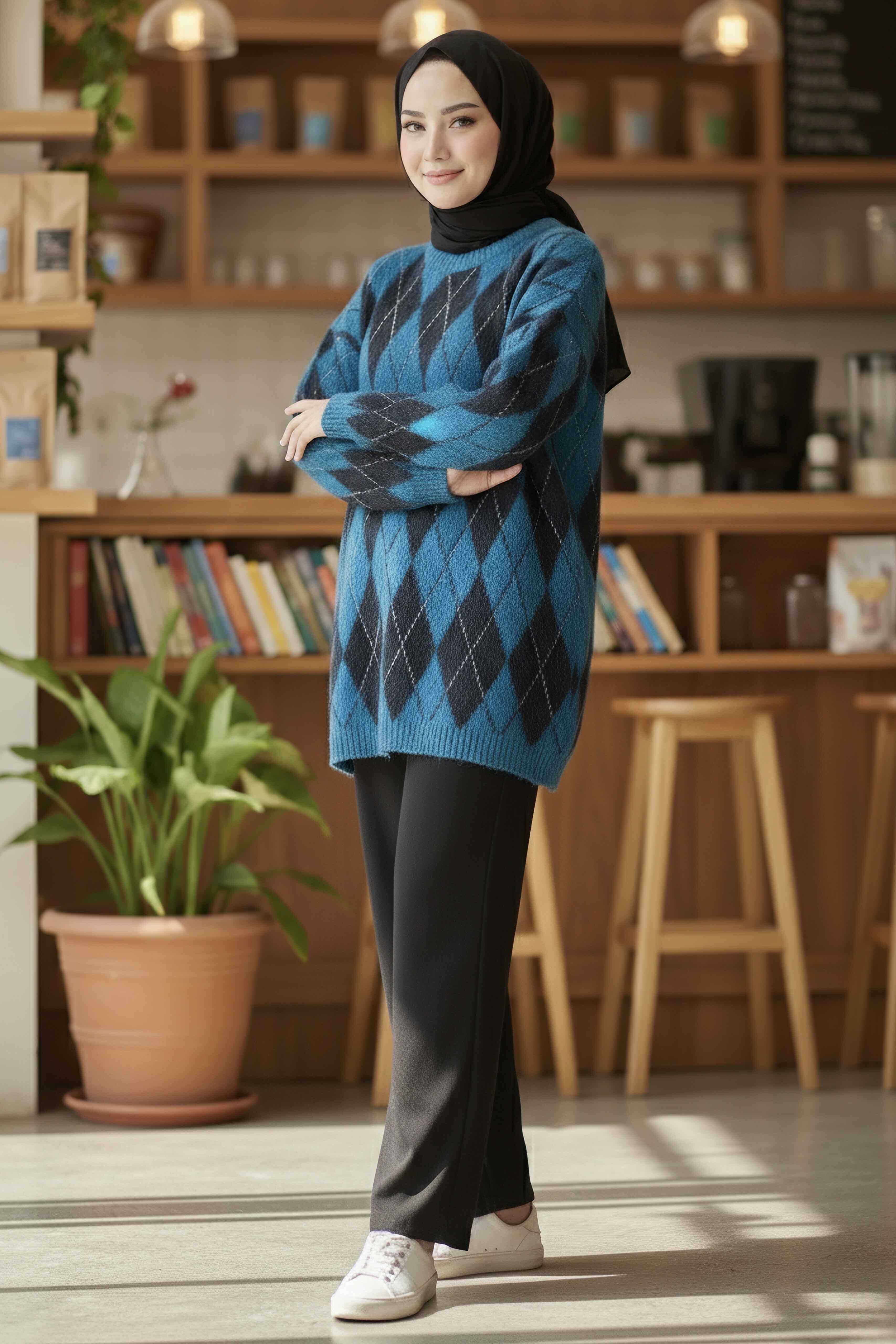 Baklava Desenli Triko Kazak - 28244-PETROL - 2