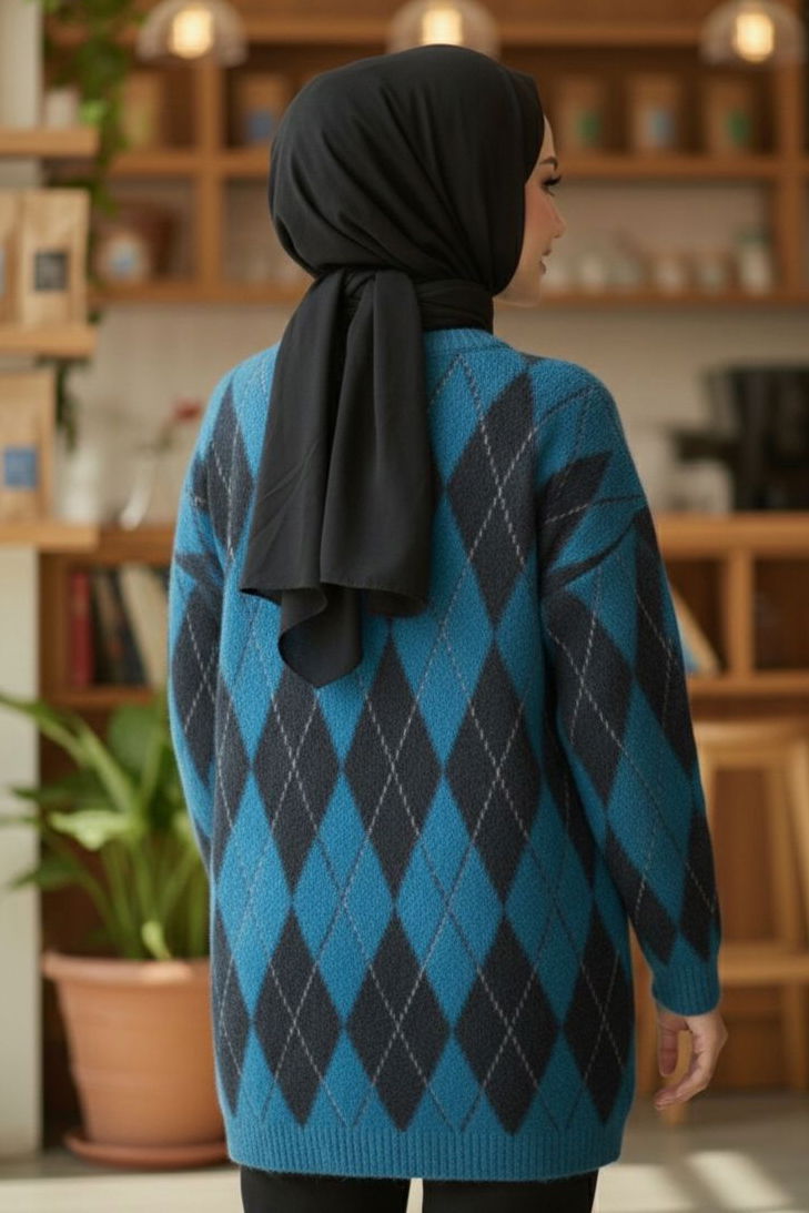 Baklava Desenli Triko Kazak - 28244-PETROL - 3