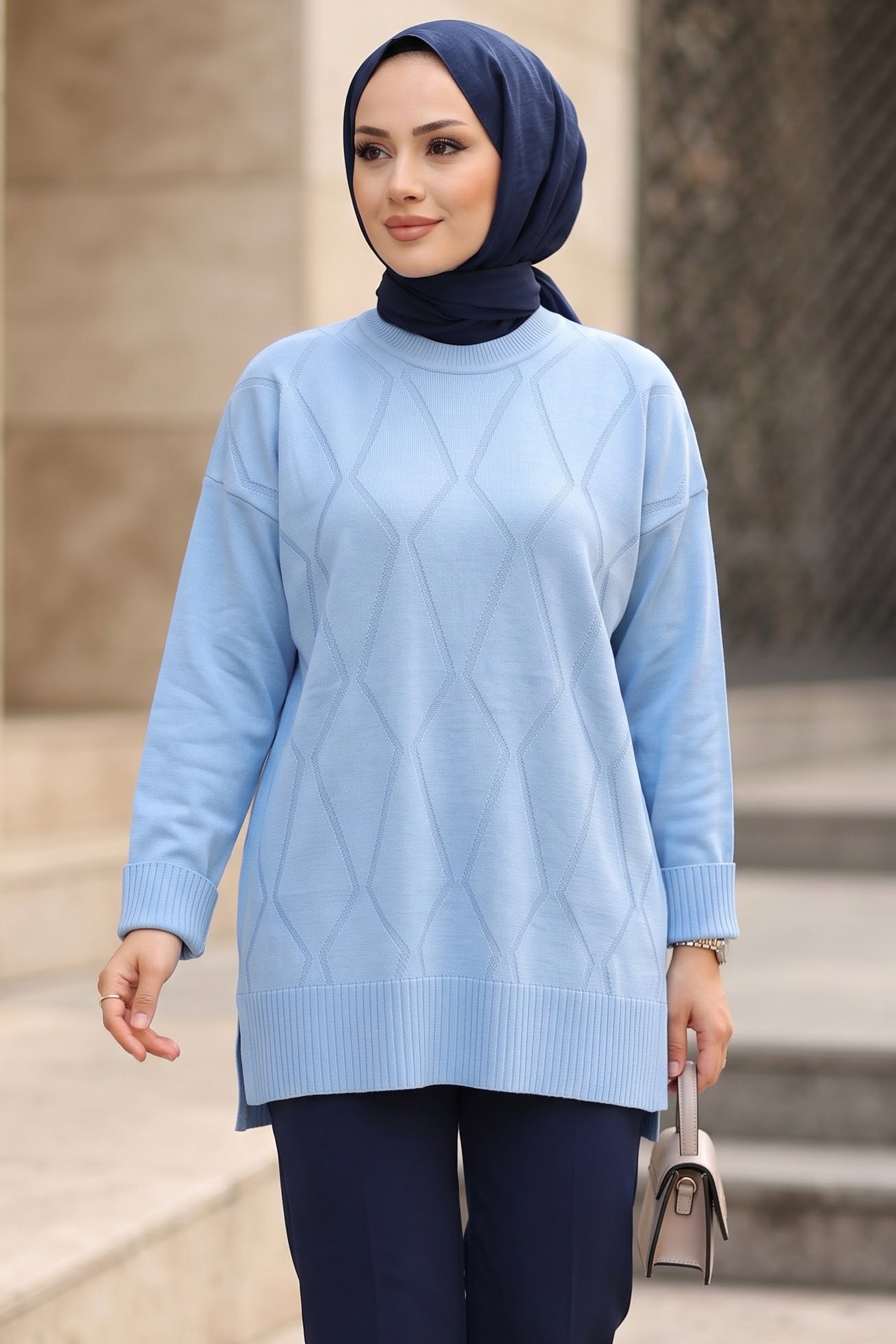 Baklava Detaylı Triko Tunik Bebe Mavi - 29284-BEBE-MAVI - 1