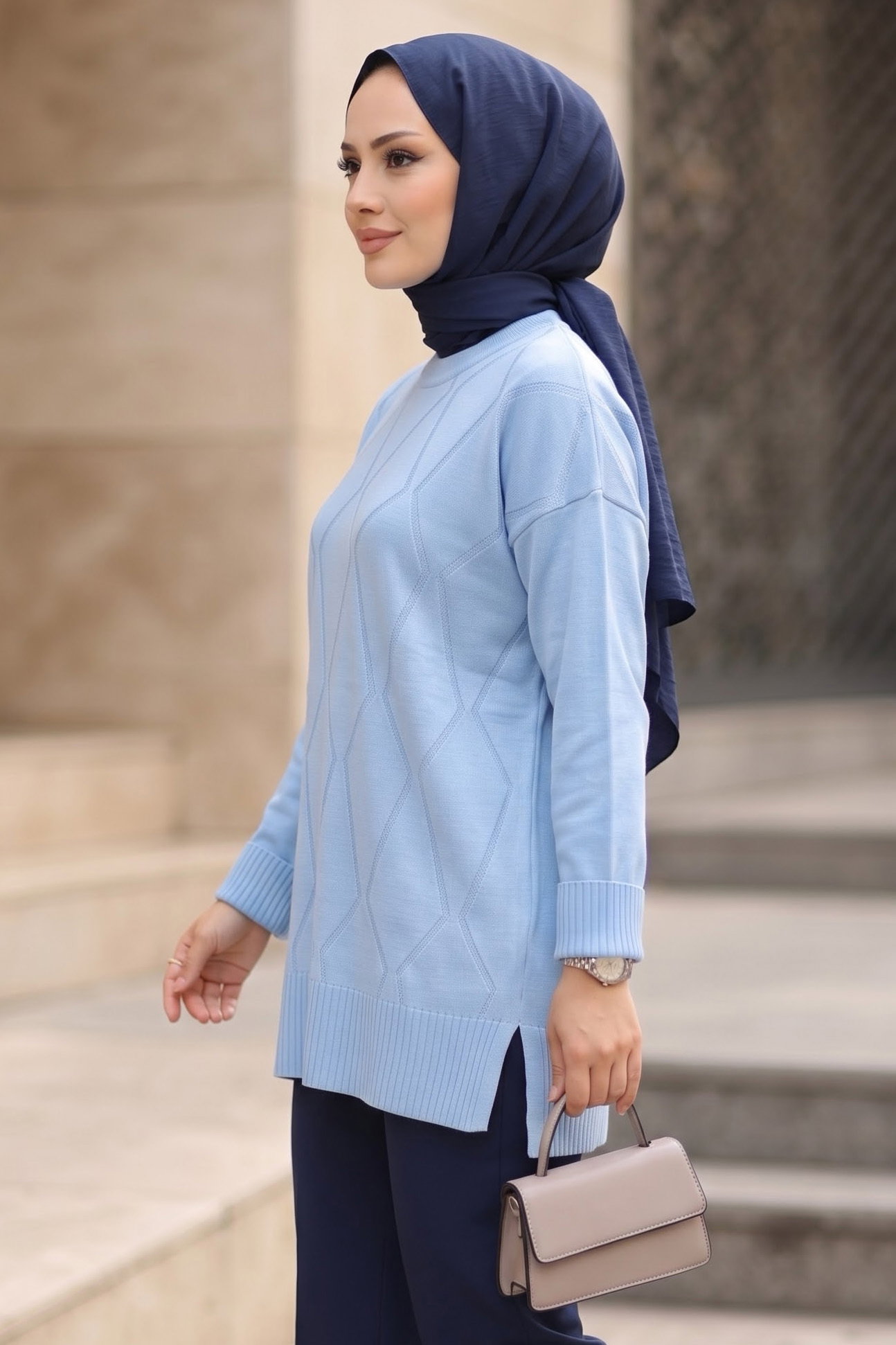 Baklava Detaylı Triko Tunik Bebe Mavi - 29284-BEBE-MAVI - 2