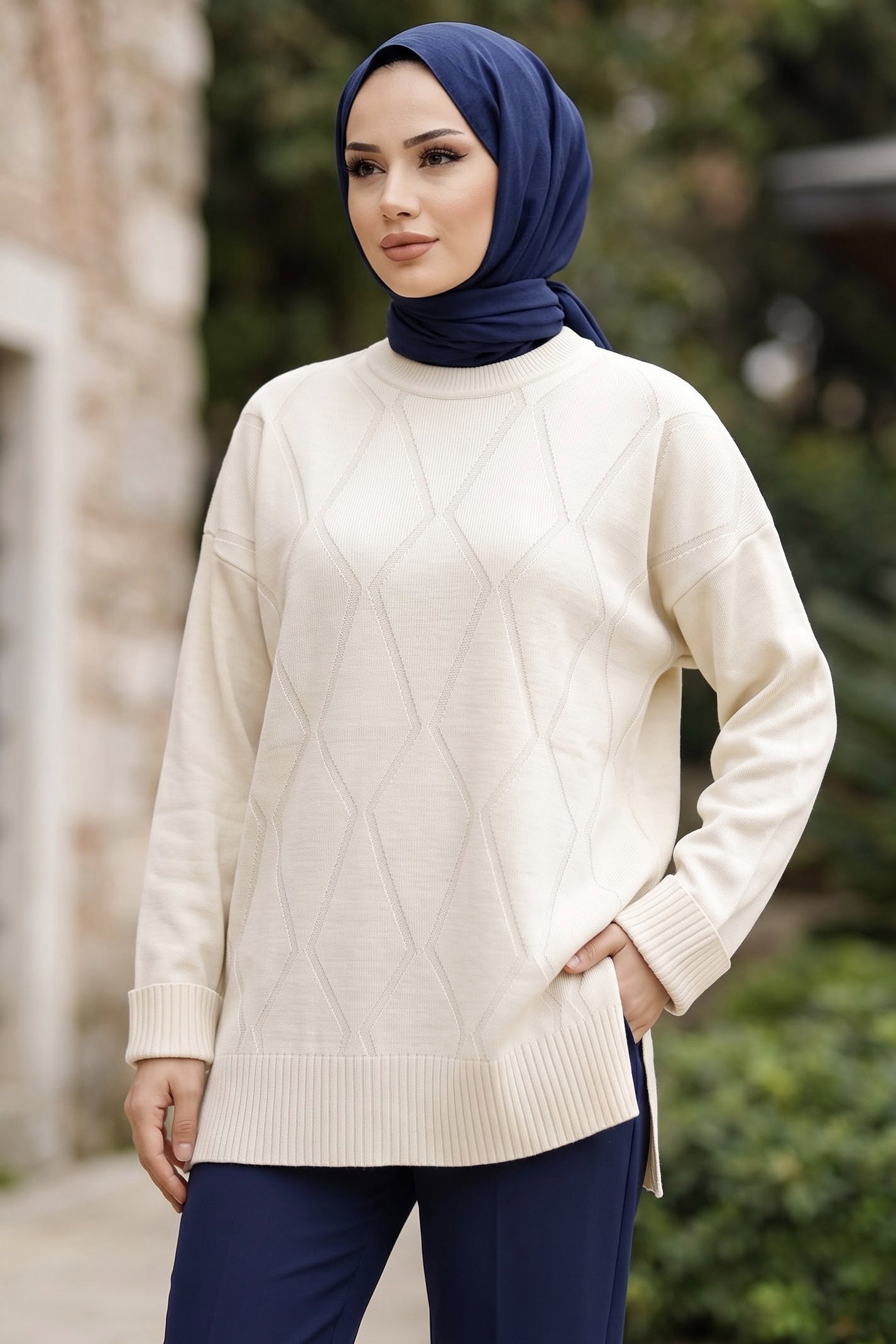 Baklava Detaylı Triko Tunik Ekru - 29284-EKRU - 1