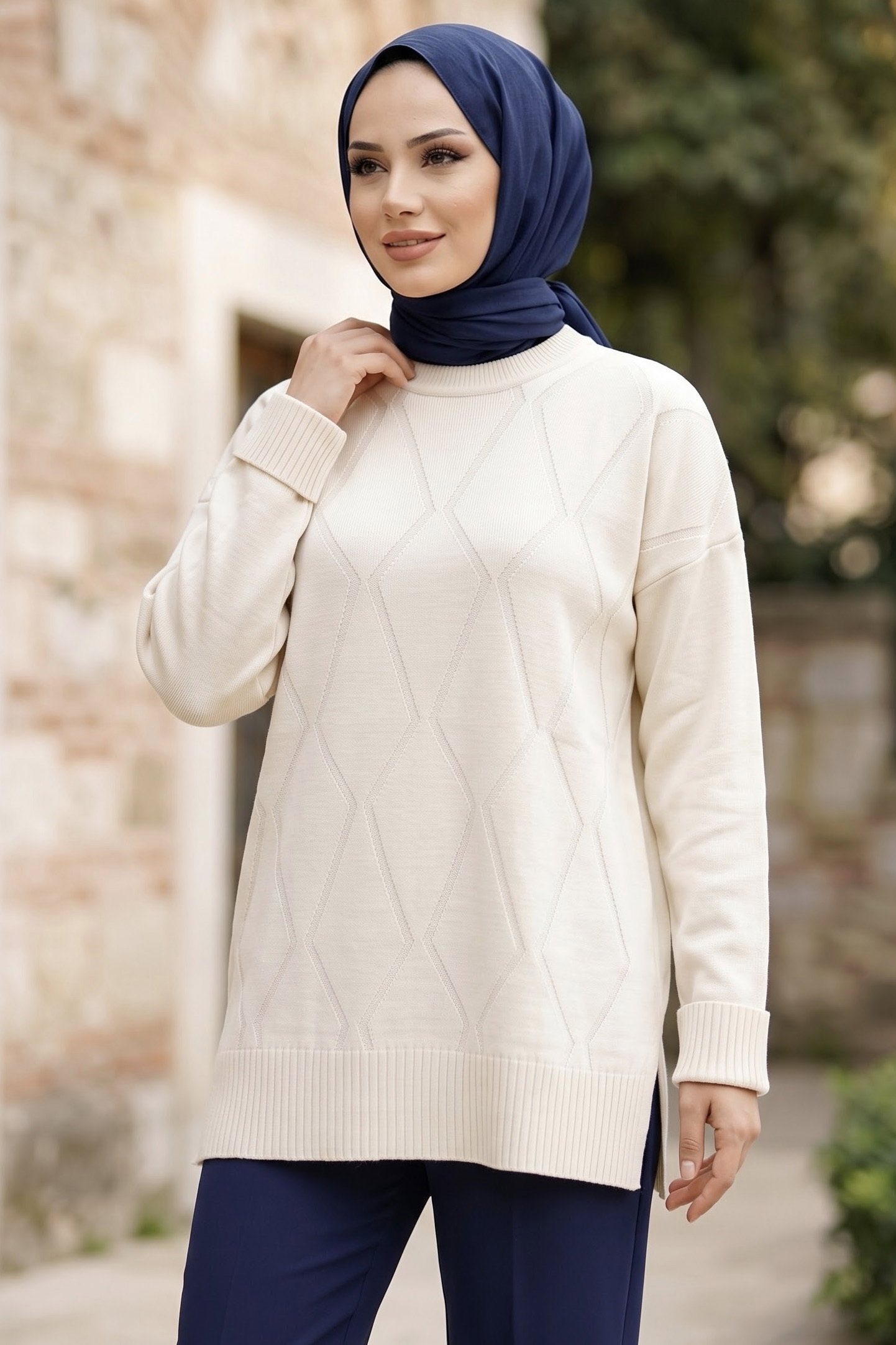 Baklava Detaylı Triko Tunik Ekru - 29284-EKRU - 2