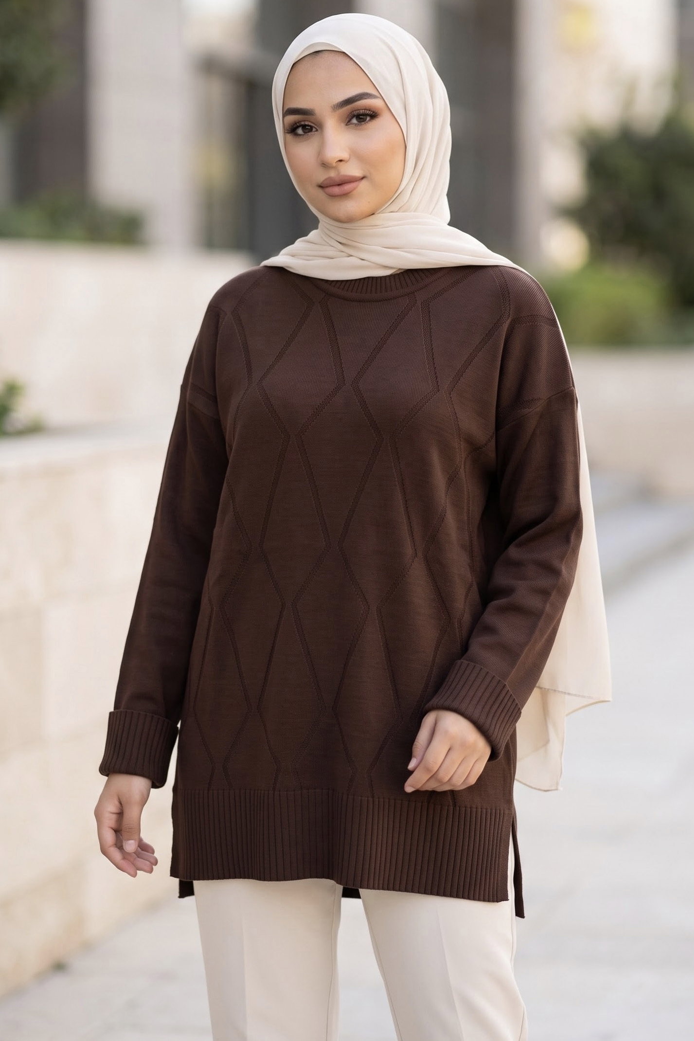 Baklava Detaylı Triko Tunik Kahve - 29284-KAHVE - 1