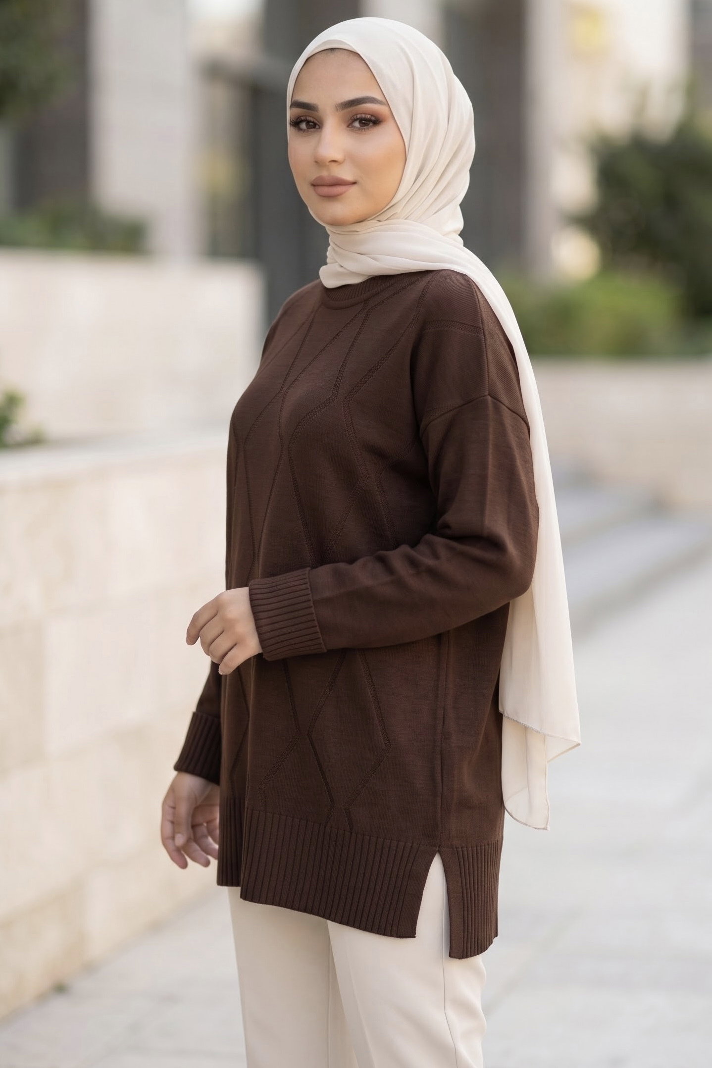 Baklava Detaylı Triko Tunik Kahve - 29284-KAHVE - 2