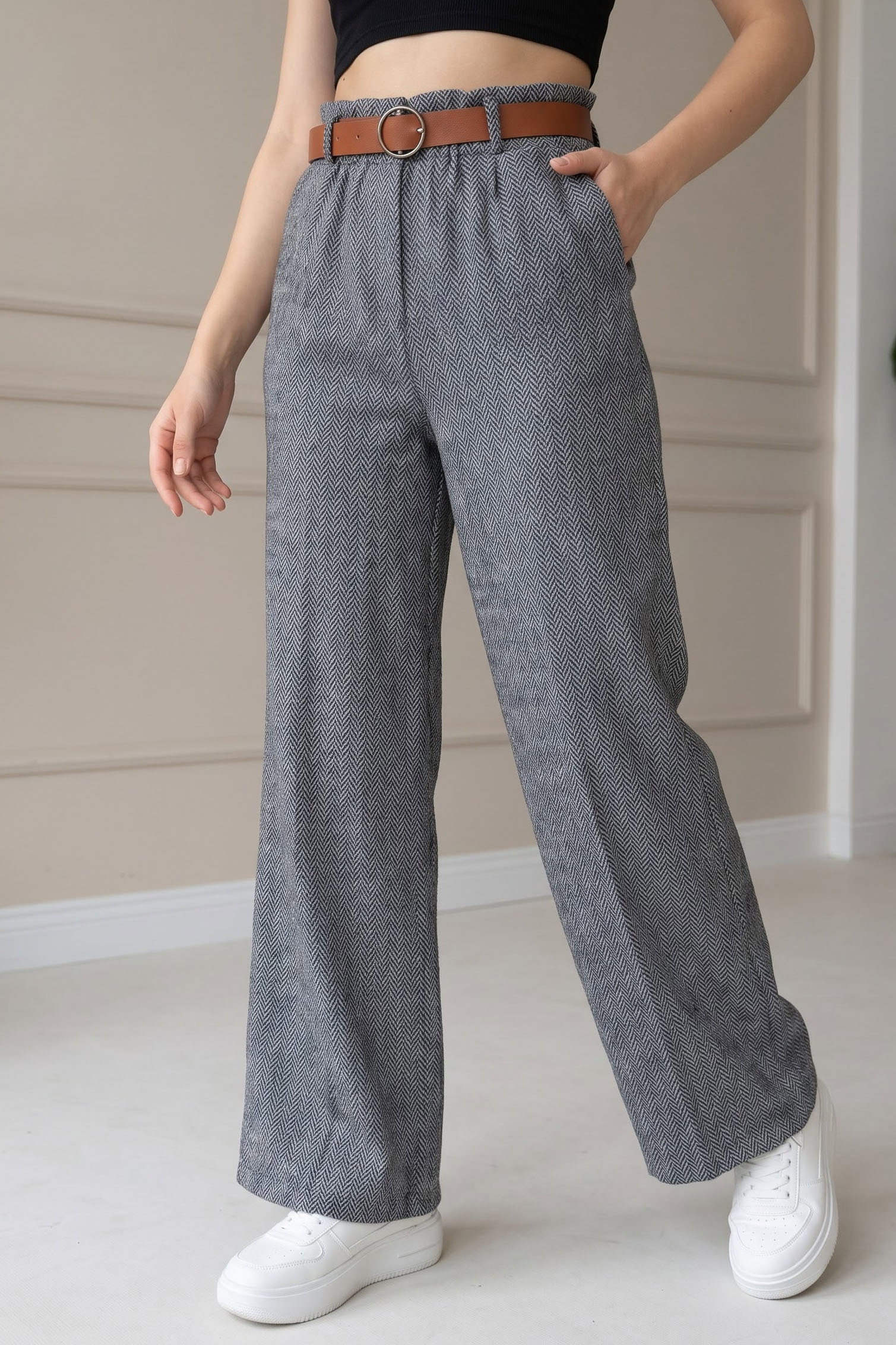 Balık Sırtı Kemerli Pantolon Gri - 29309-GRI - 2