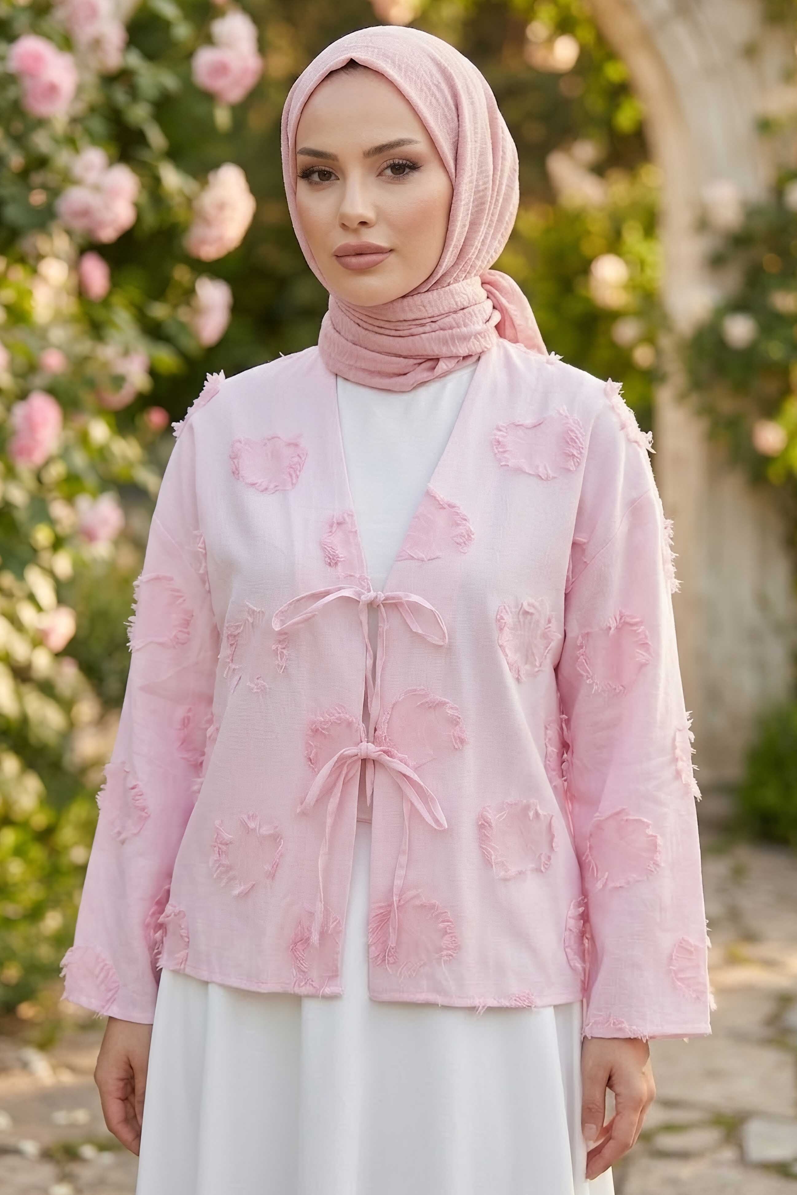 Baskı Püskül Detaylı Bağcıklı Kimono Pembe - 28659-PEMBE - 1