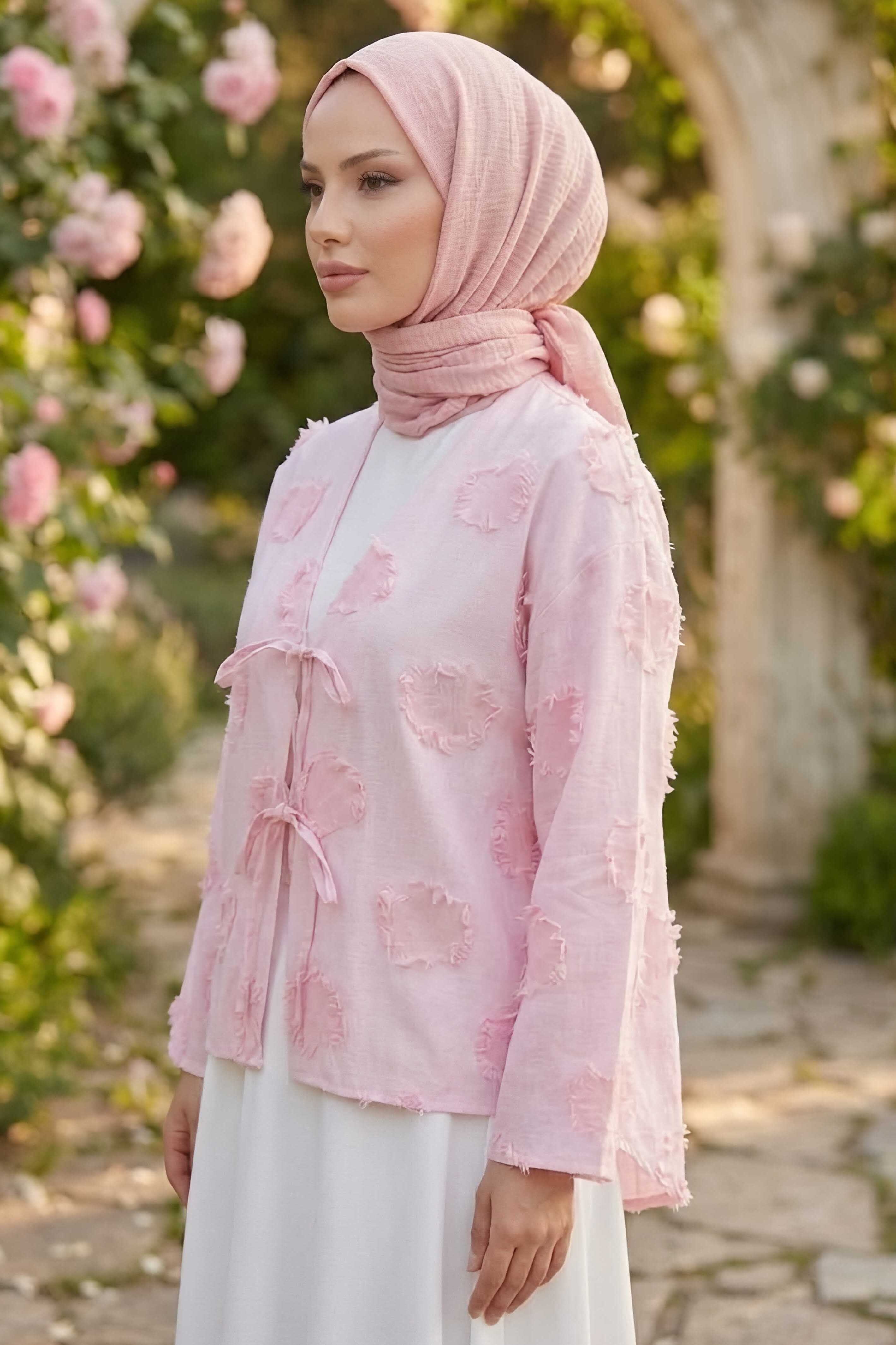 Baskı Püskül Detaylı Bağcıklı Kimono Pembe - 28659-PEMBE - 2