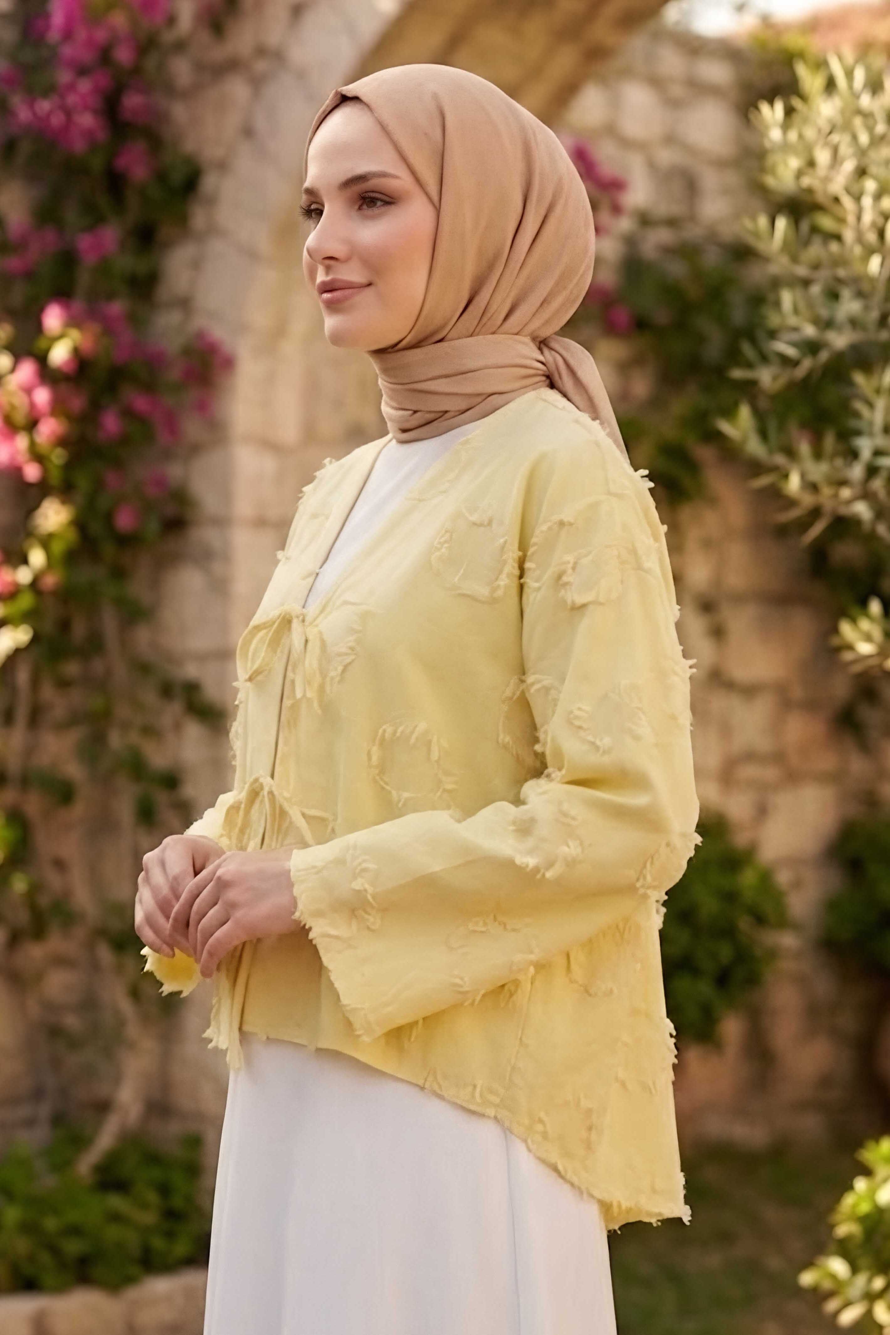 Baskı Püskül Detaylı Bağcıklı Kimono Sari - 28659-SARI - 2