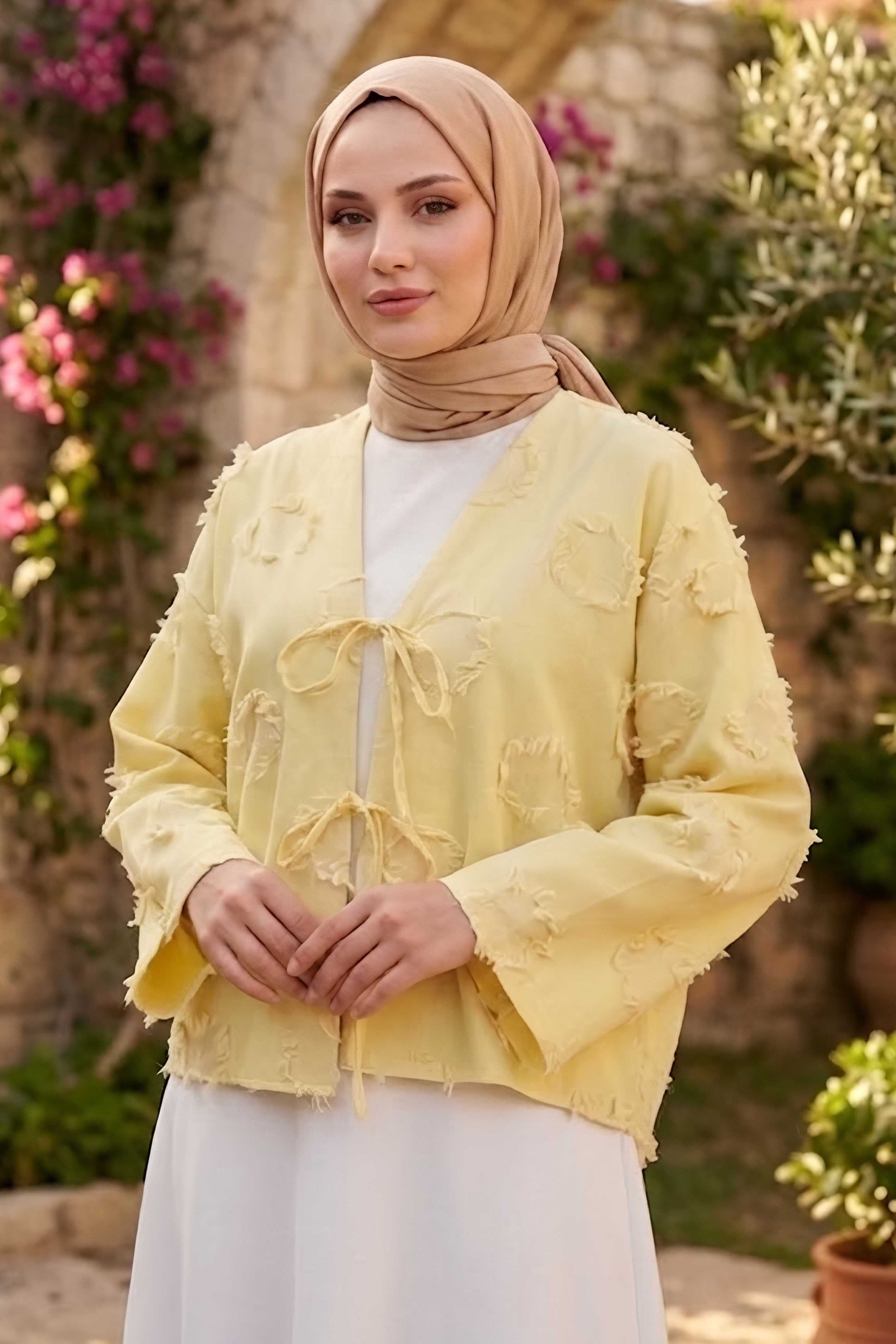 Baskı Püskül Detaylı Bağcıklı Kimono Sari - 28659-SARI - 1