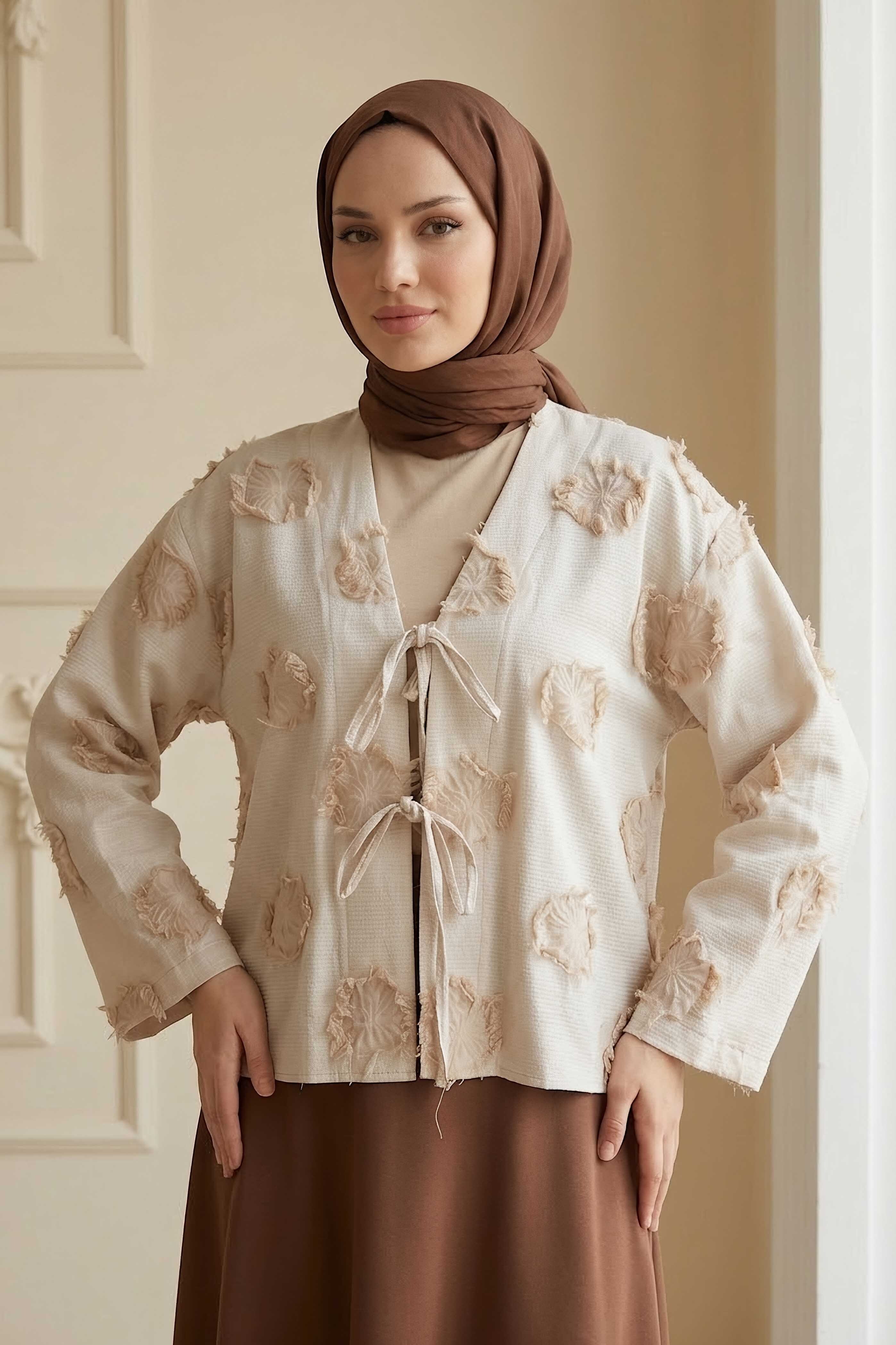 Baskı Püskül Detaylı Bağcıklı Kimono Taş - 28659-TAS - 1