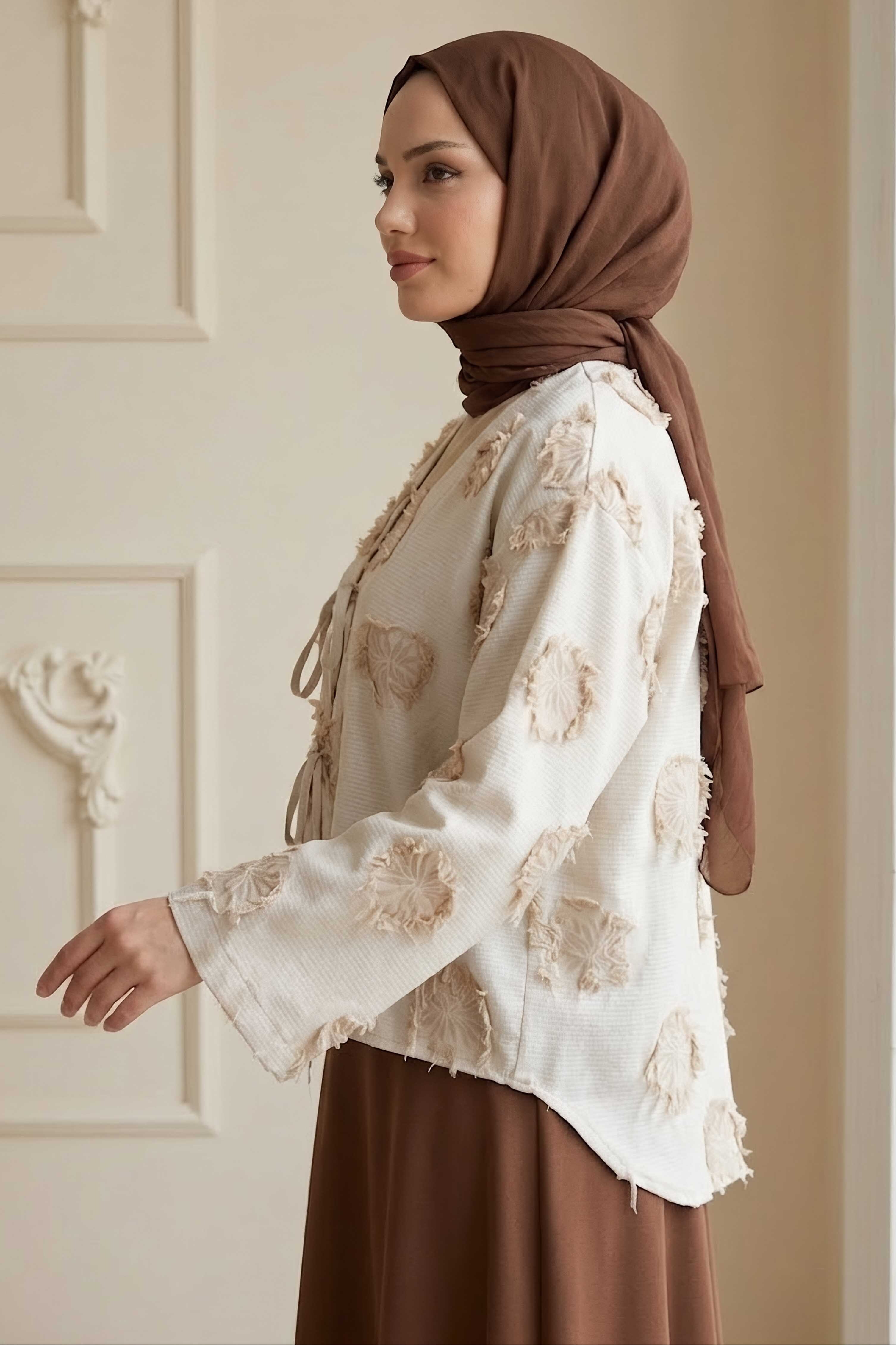 Baskı Püskül Detaylı Bağcıklı Kimono Taş - 28659-TAS - 2