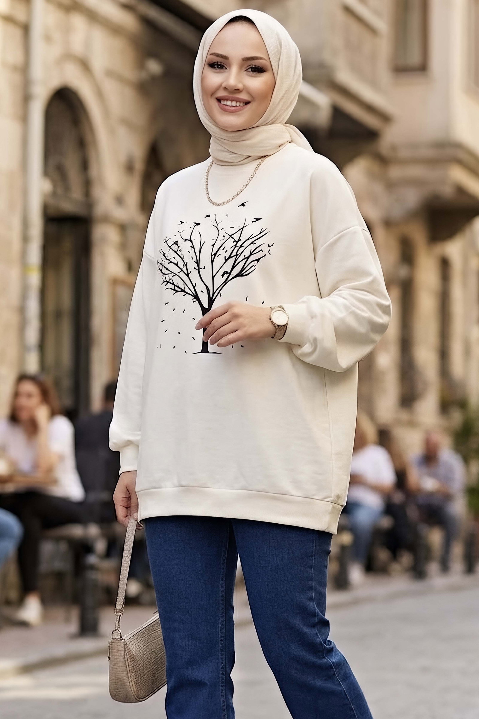 Baskılı Bisiklet Yaka Tunik Beyaz - 29089-BEYAZ - 1