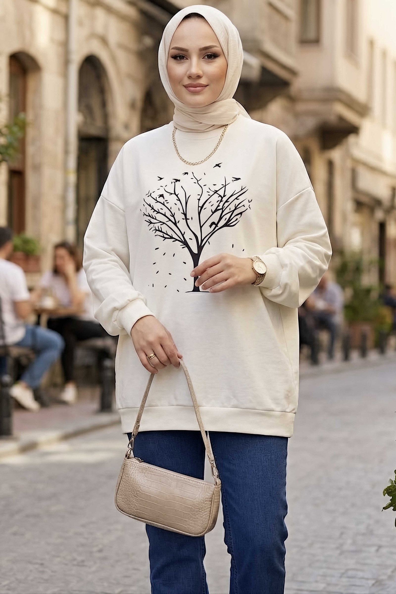 Baskılı Bisiklet Yaka Tunik Beyaz - 29089-BEYAZ - 2