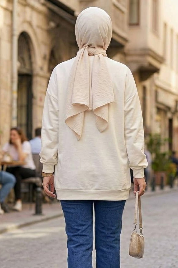 Baskılı Bisiklet Yaka Tunik Beyaz - 29089-BEYAZ - 4