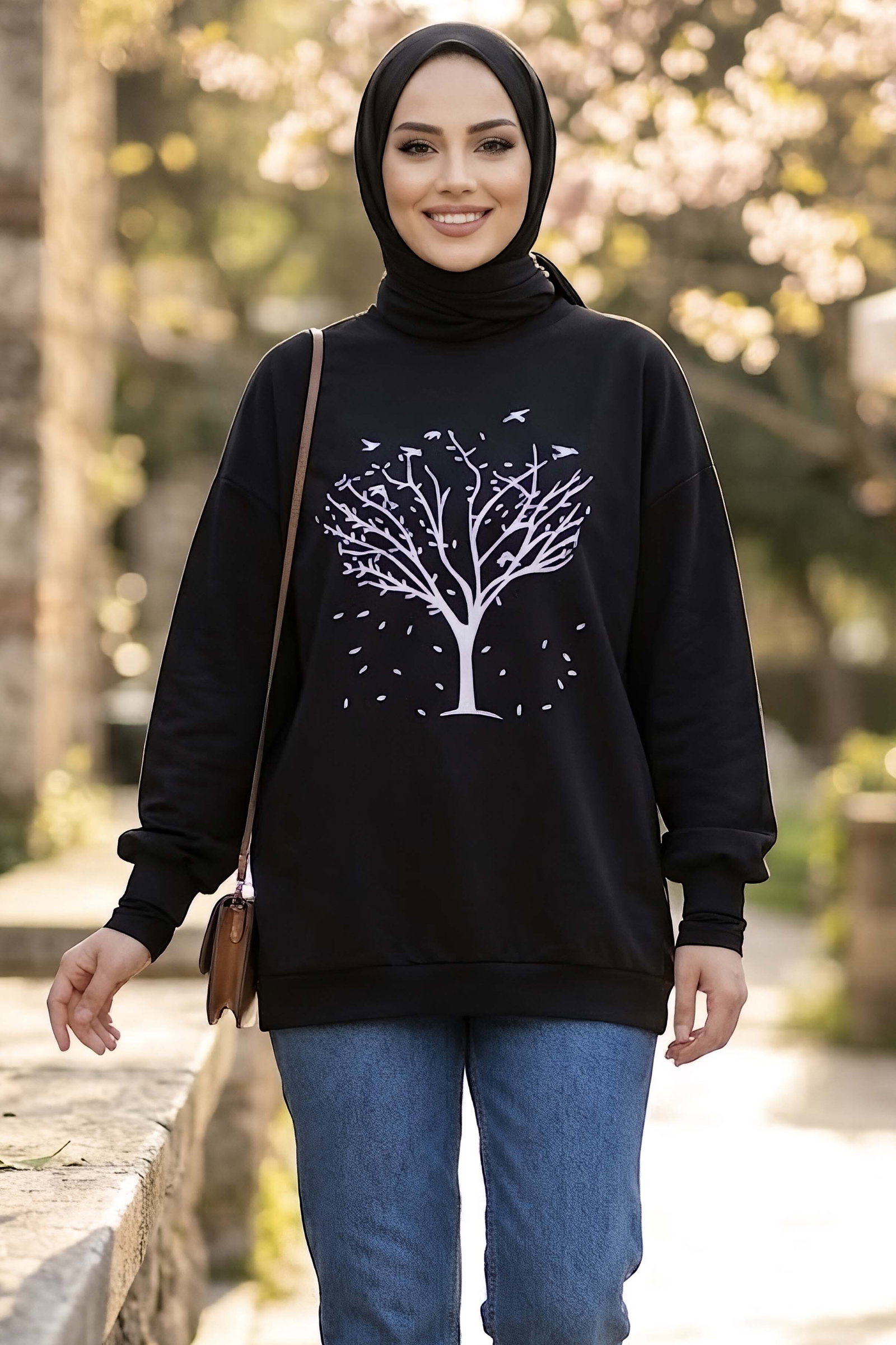 Baskılı Bisiklet Yaka Tunik Siyah - 29089-SIYAH - 2