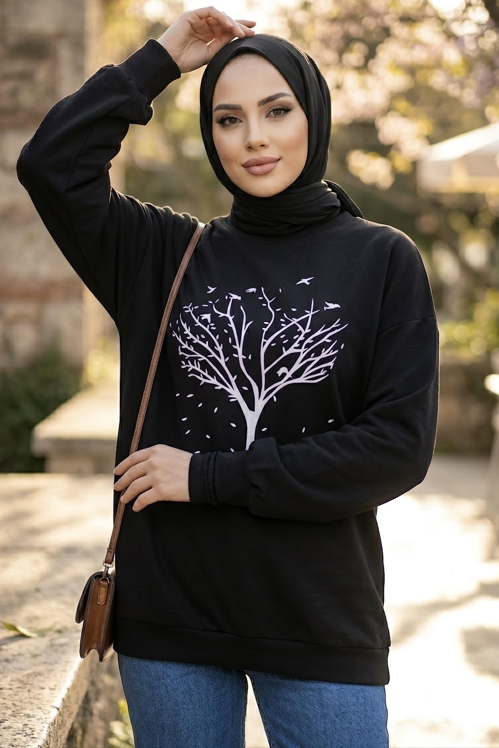 Baskılı Bisiklet Yaka Tunik Siyah - 29089-SIYAH - 1