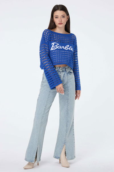 Baskılı Delik Detaylı Triko Crop - 27635 