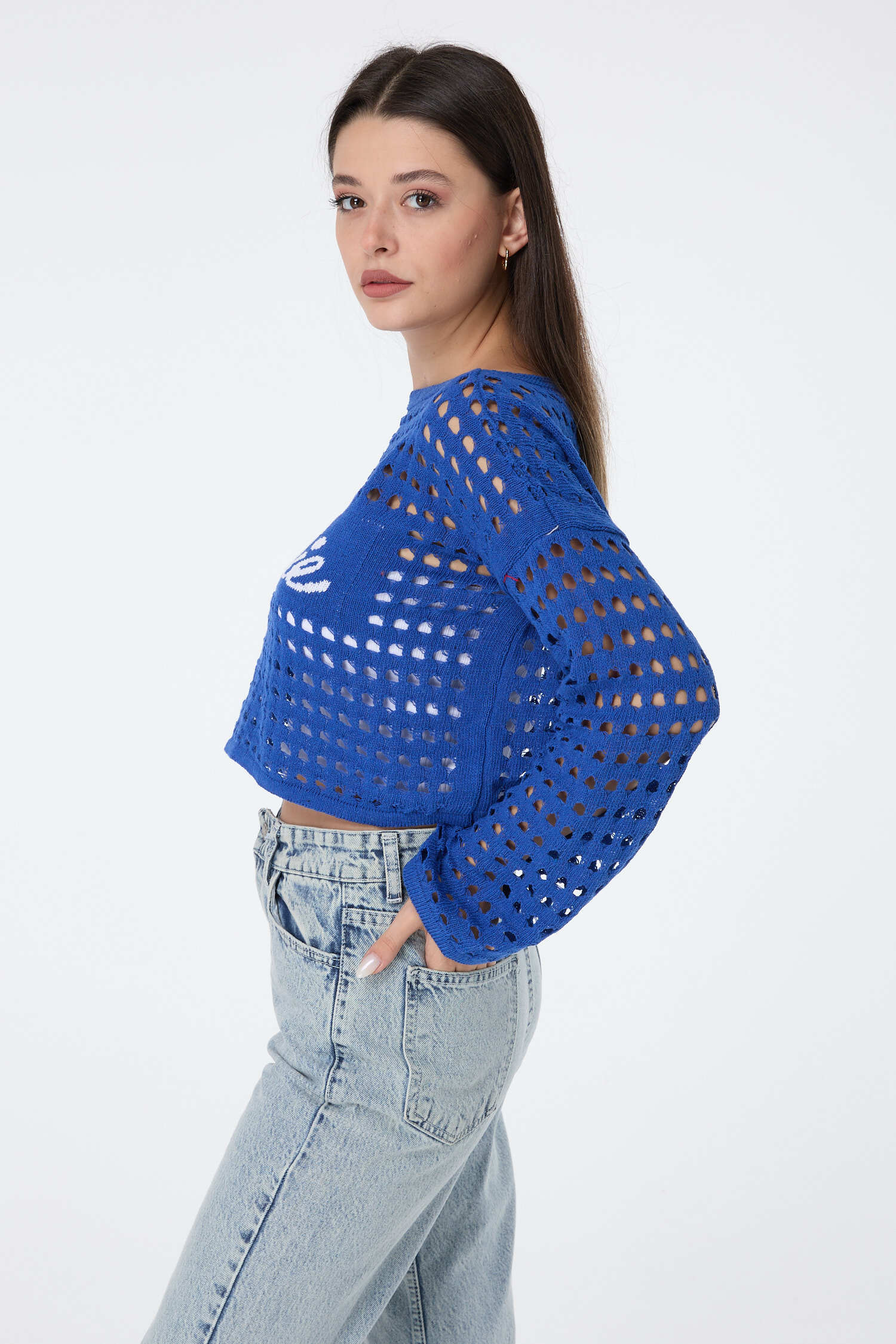 Baskılı Delik Detaylı Triko Crop - 27635 - 3