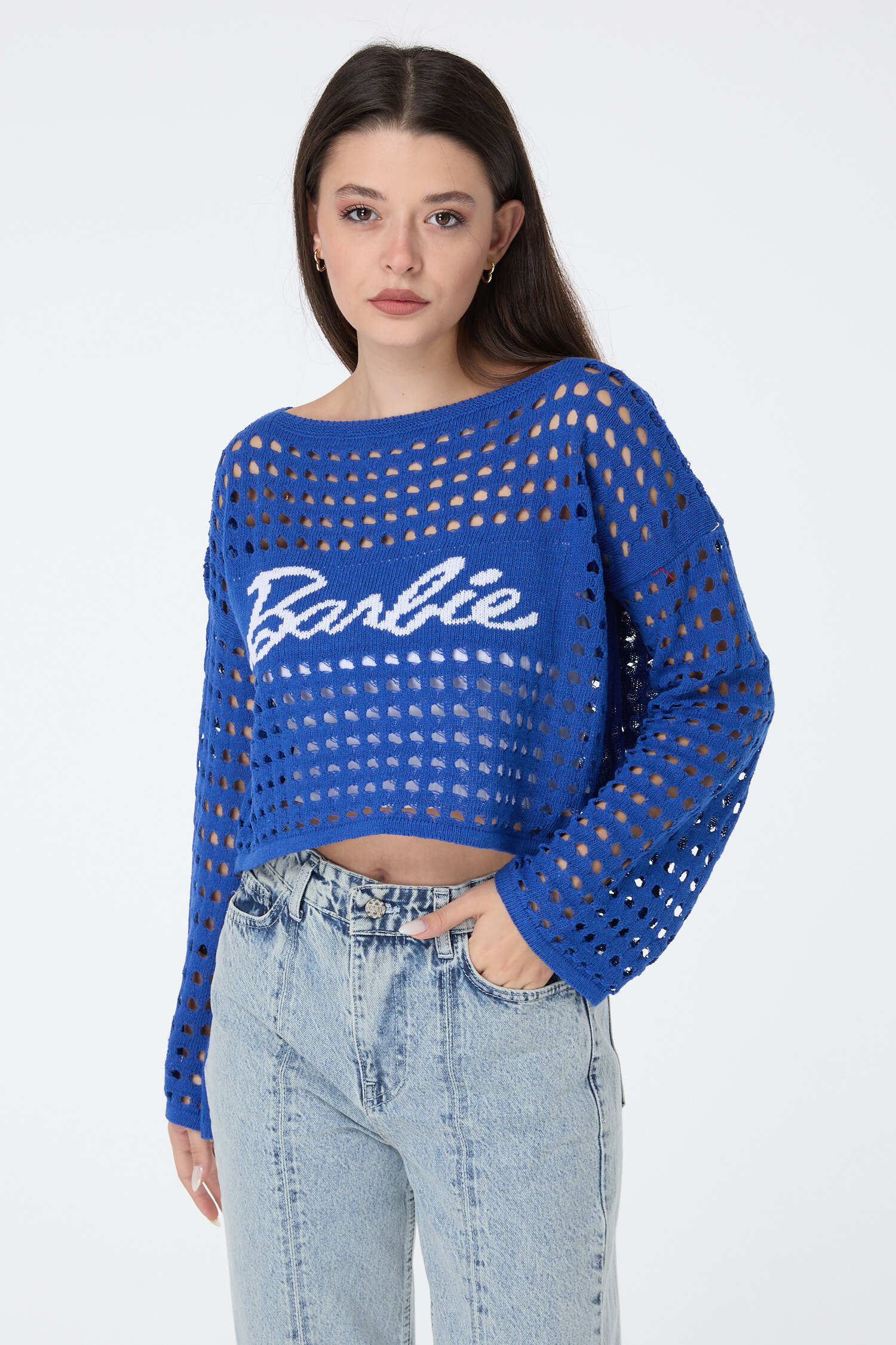 Baskılı Delik Detaylı Triko Crop - 27635 - 4