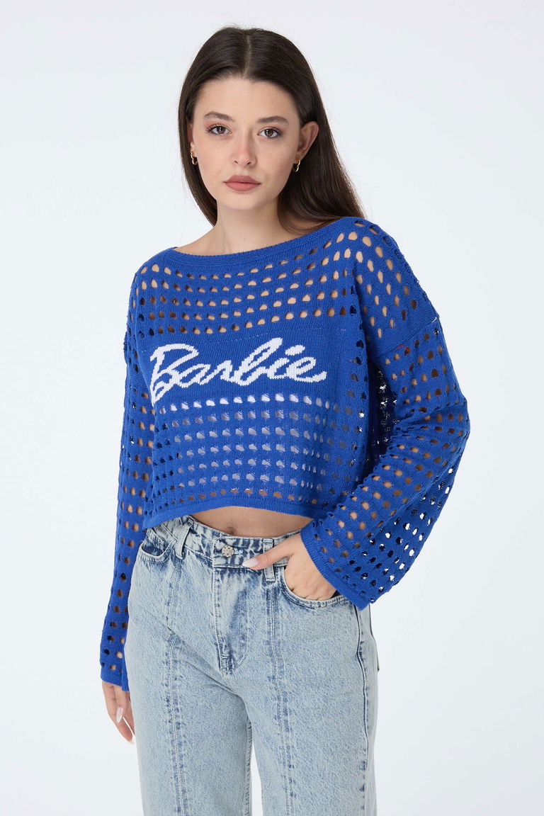 Baskılı Delik Detaylı Triko Crop - 27635 - TOFİSA