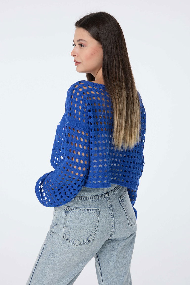 Baskılı Delik Detaylı Triko Crop - 27635 - TOFİSA