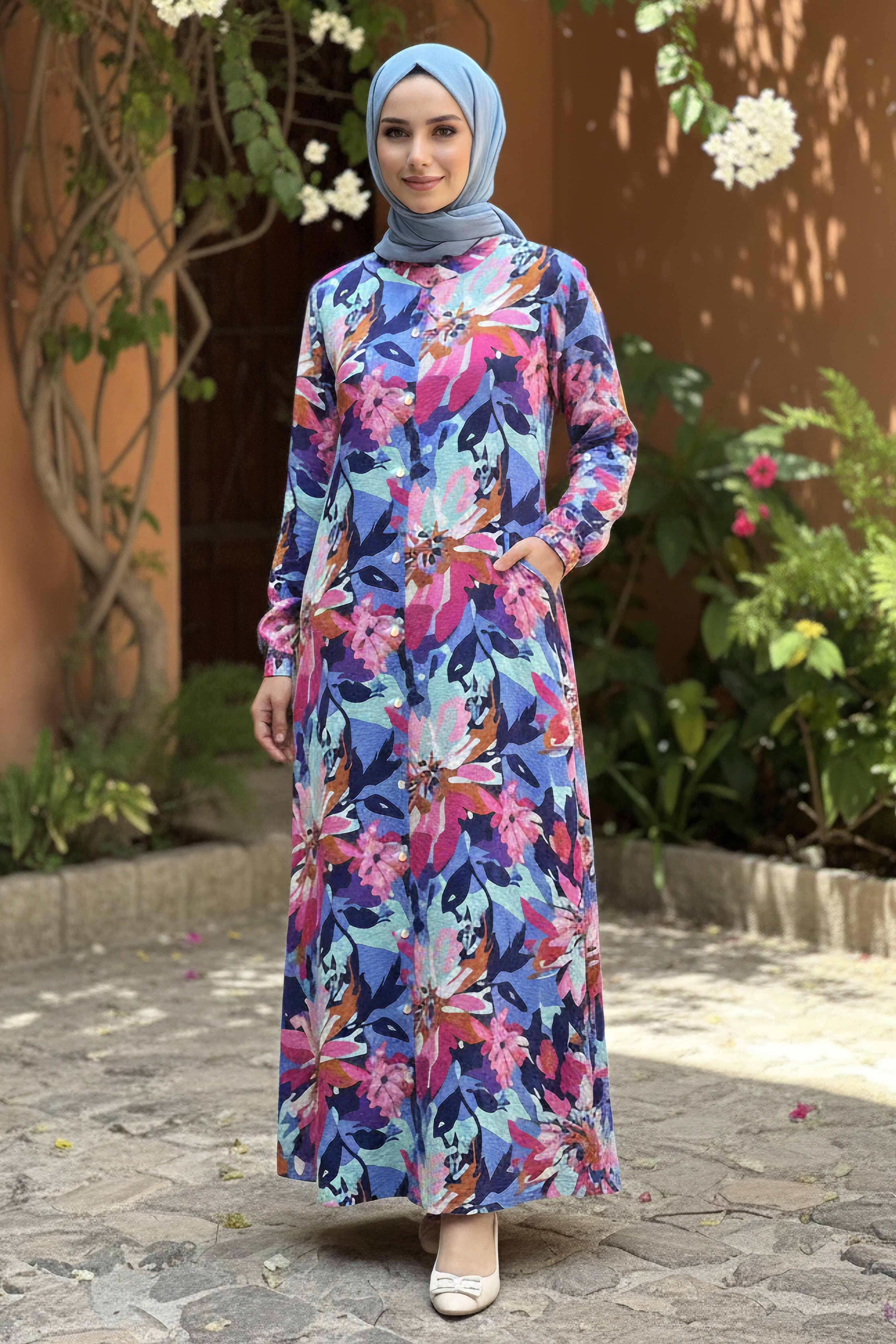 Baskılı Desenli Keten Elbise - 28292-BEBE-MAVI - 1