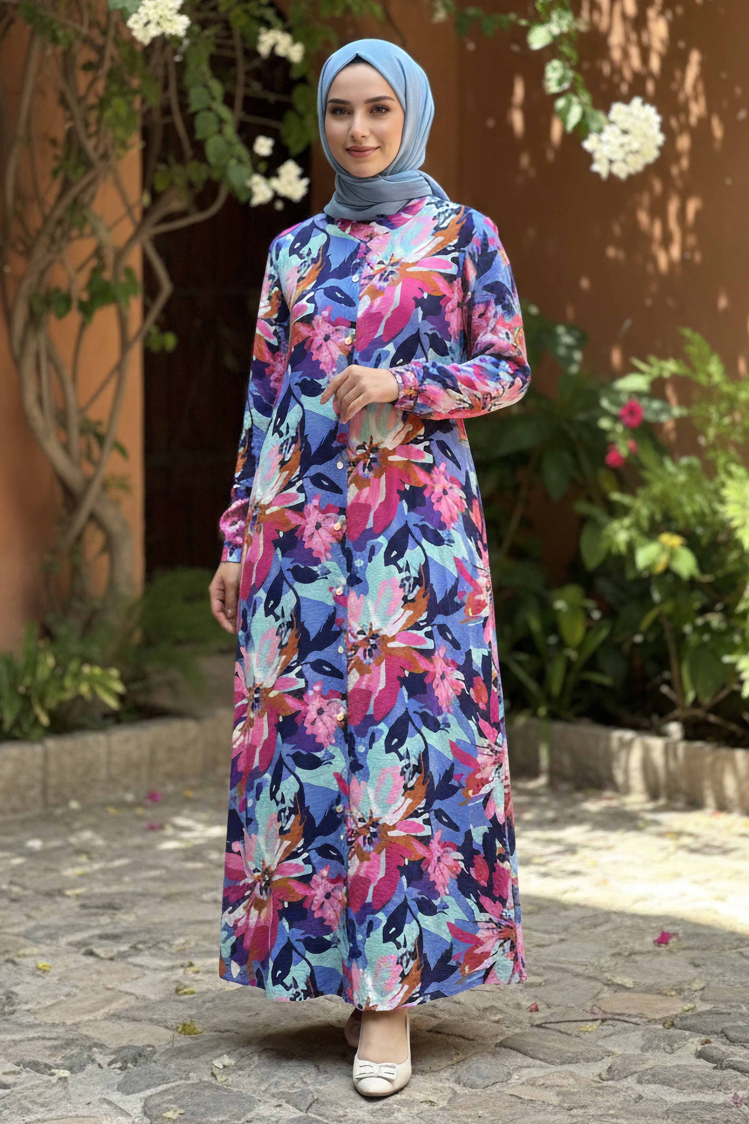 Baskılı Desenli Keten Elbise - 28292-BEBE-MAVI - 2