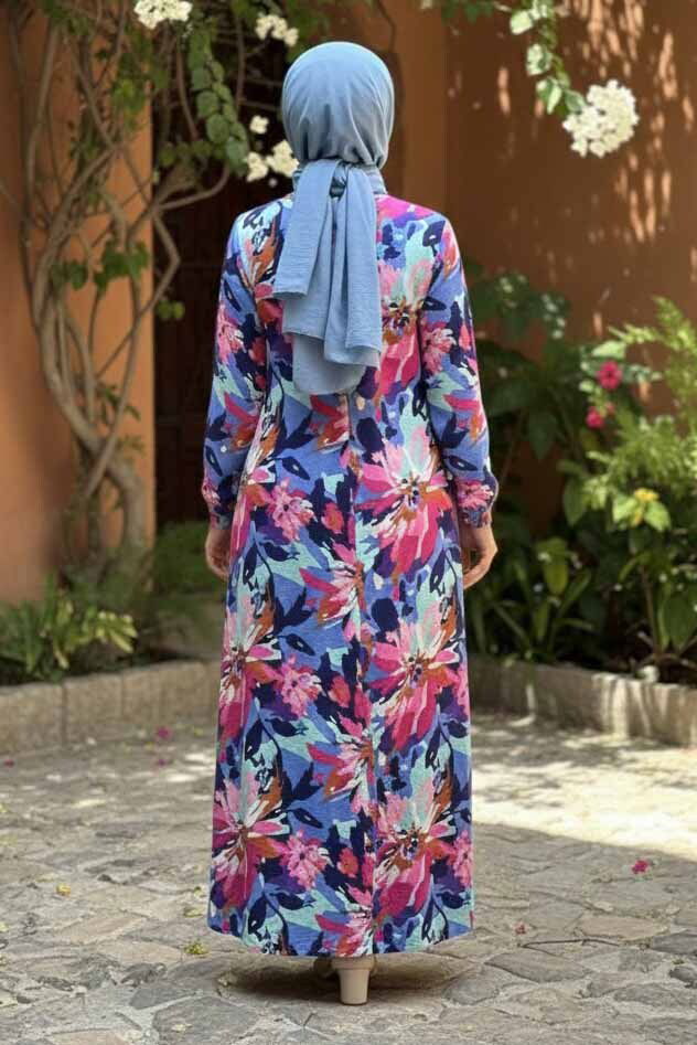 Baskılı Desenli Keten Elbise - 28292-BEBE-MAVI - 3