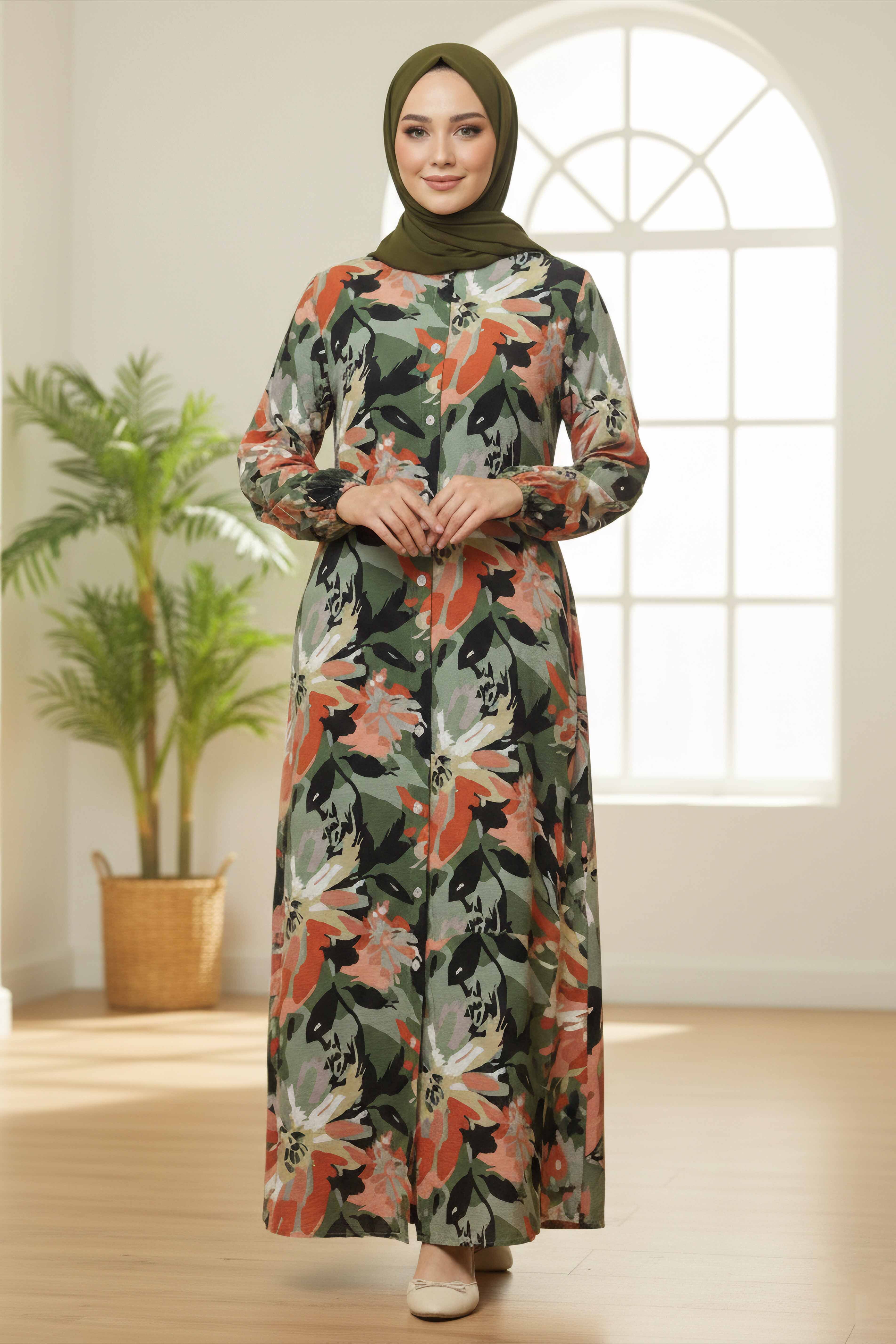 Baskılı Desenli Keten Elbise - 28292-HAKI - 2