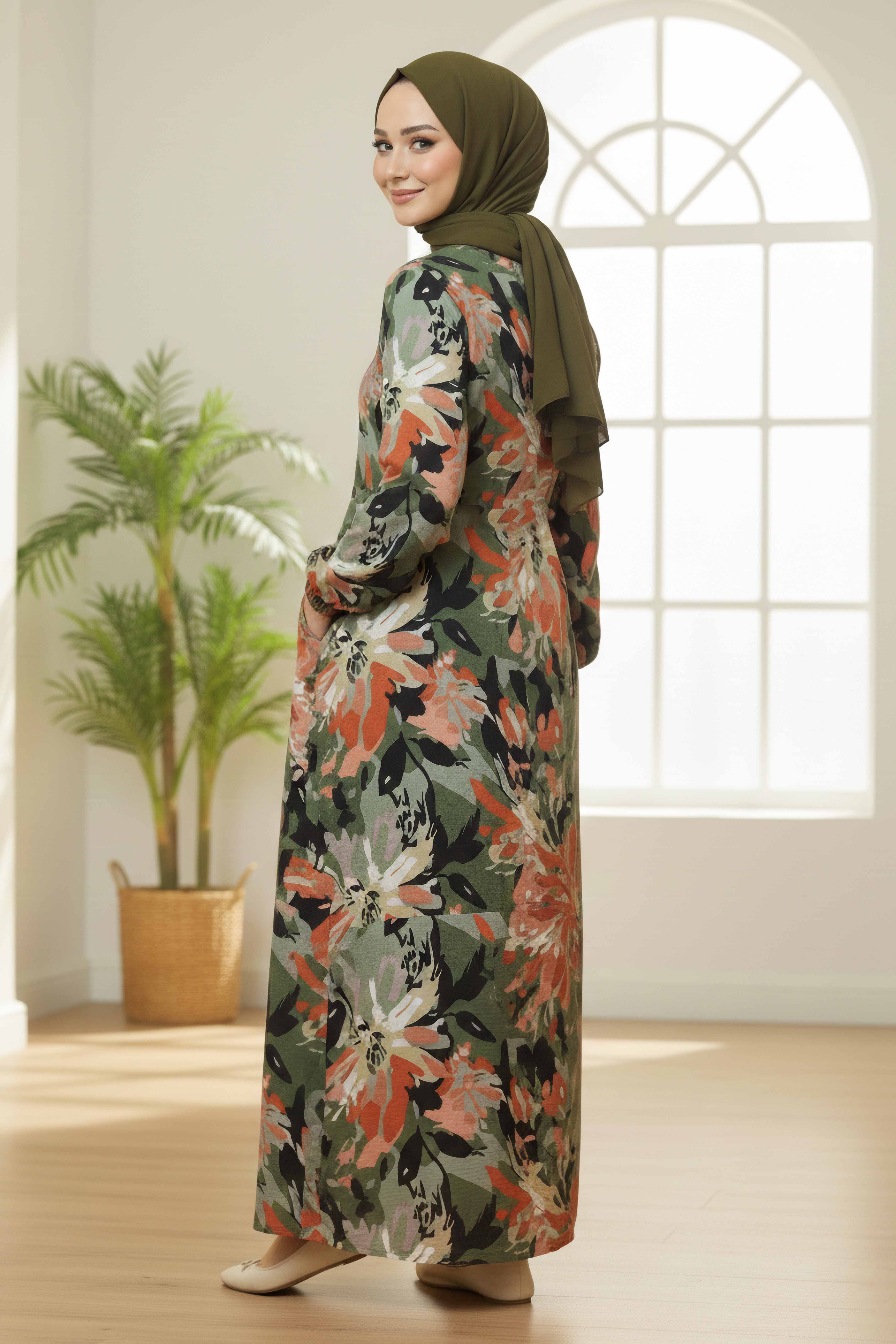 Baskılı Desenli Keten Elbise - 28292-HAKI - 3