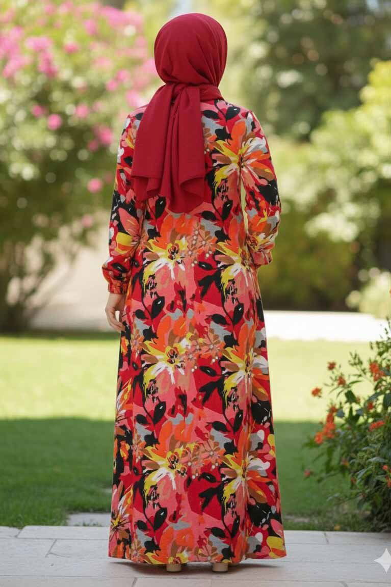 Baskılı Desenli Keten Elbise - 28292-KIRMIZI - 3