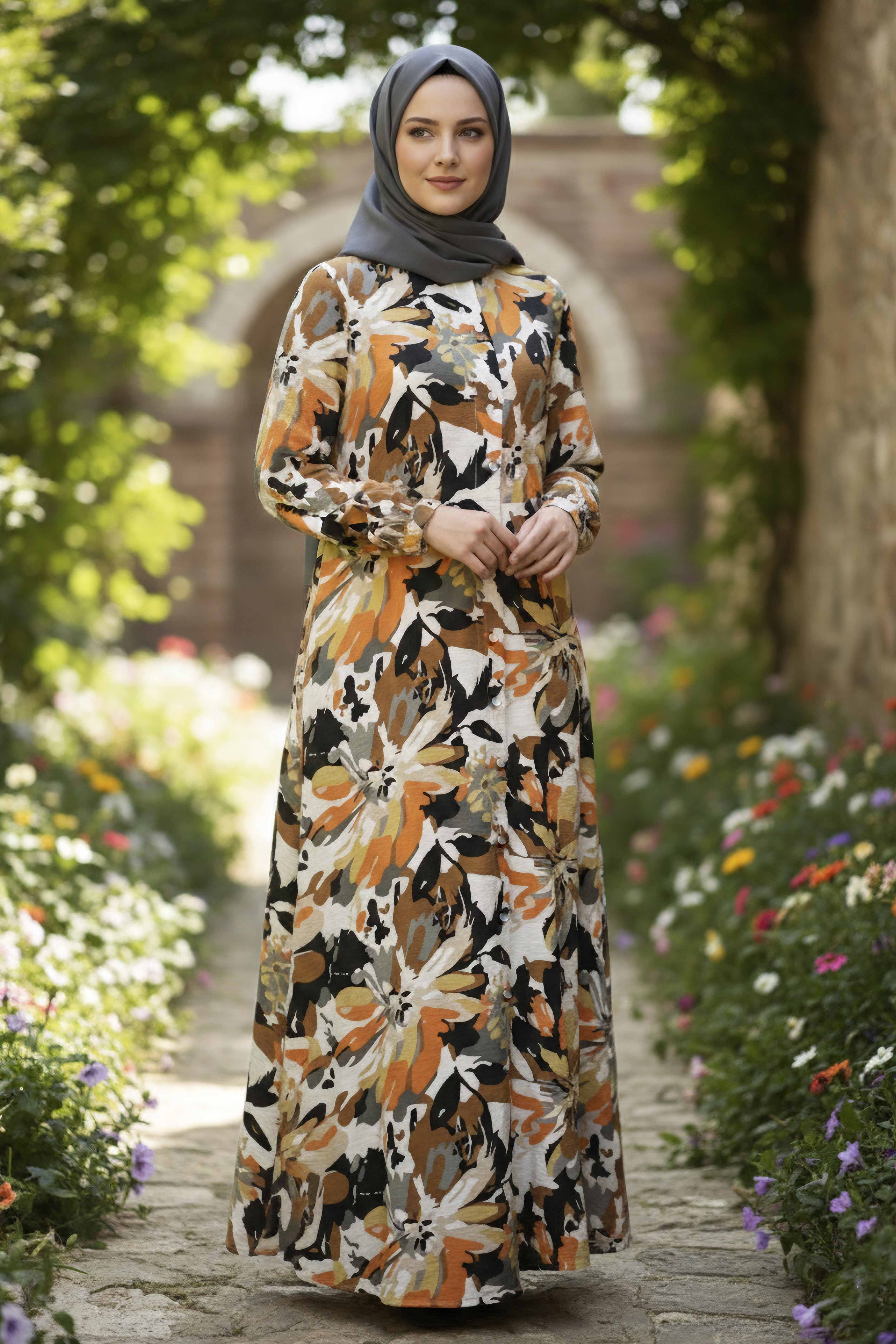 Baskılı Desenli Keten Elbise - 28292-ORANJ - 1