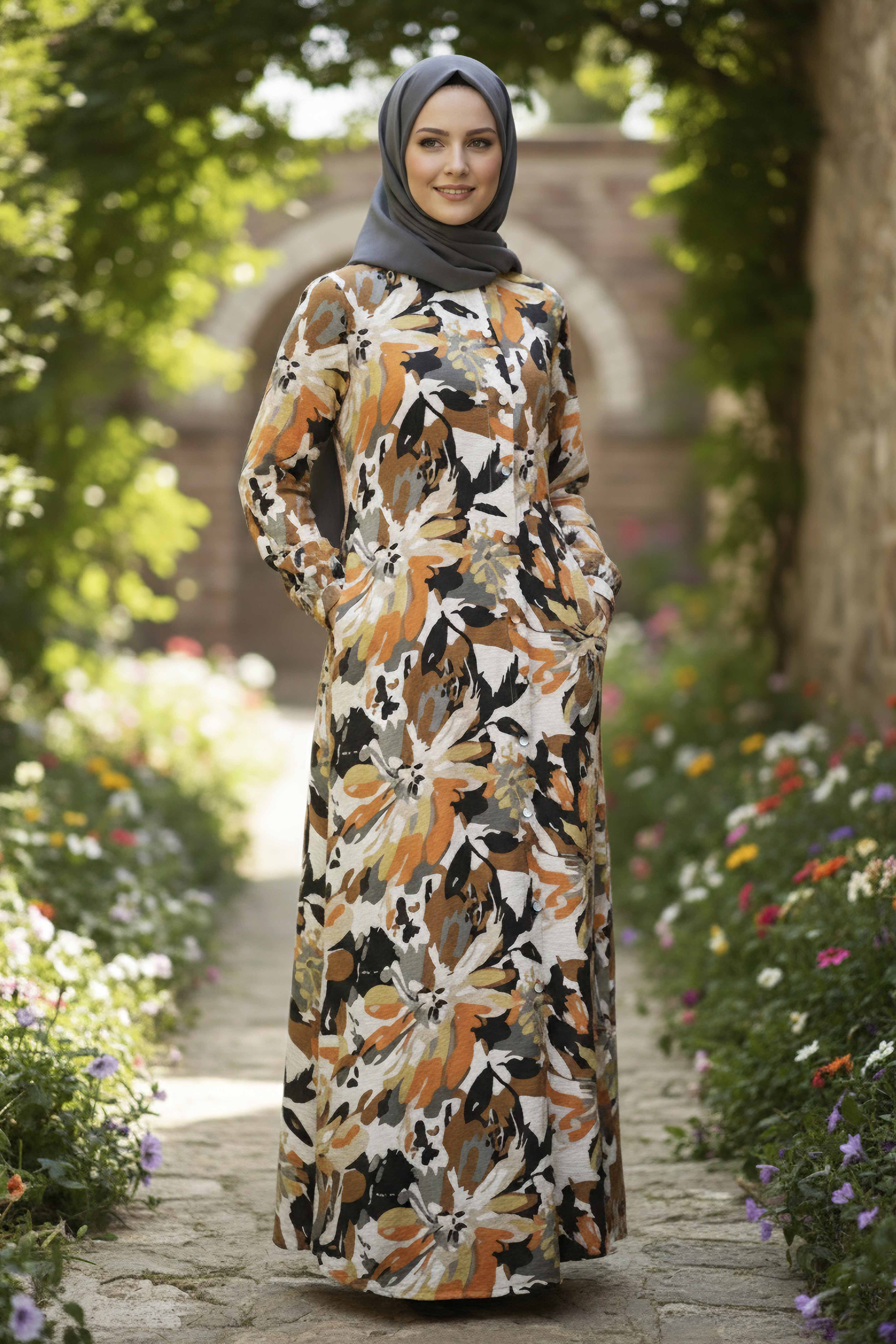 Baskılı Desenli Keten Elbise - 28292-ORANJ - 2