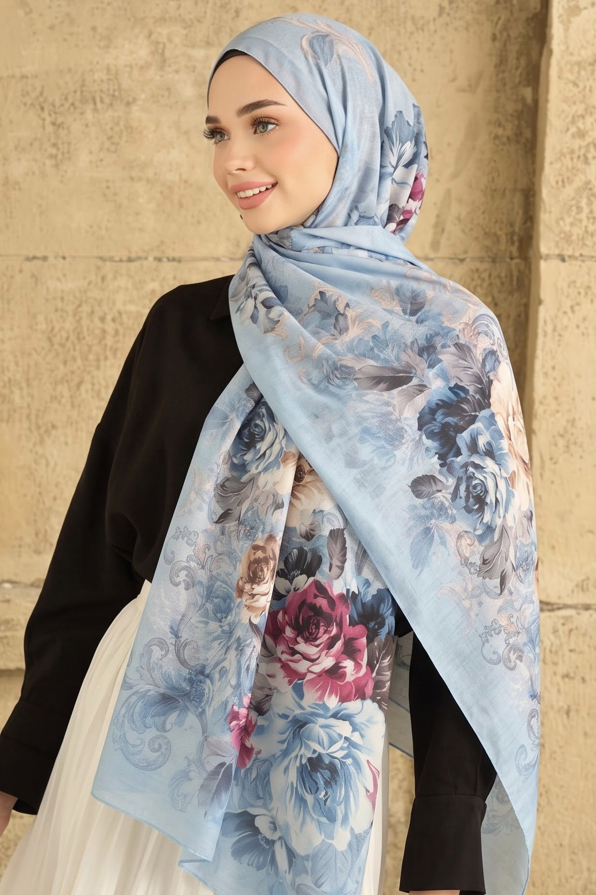 Baskılı Desenli Soft Şal Bebe Mavi - 29265-BEBE-MAVI - 1