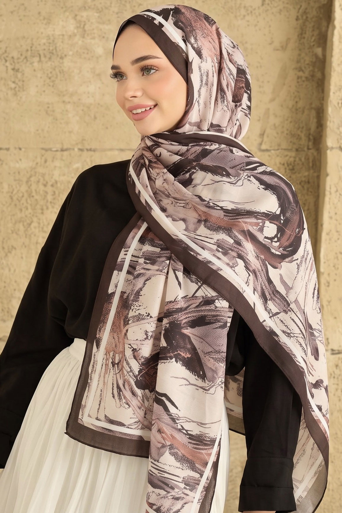 Baskılı Desenli Soft Şal Bej - 29268-BEJ - 1