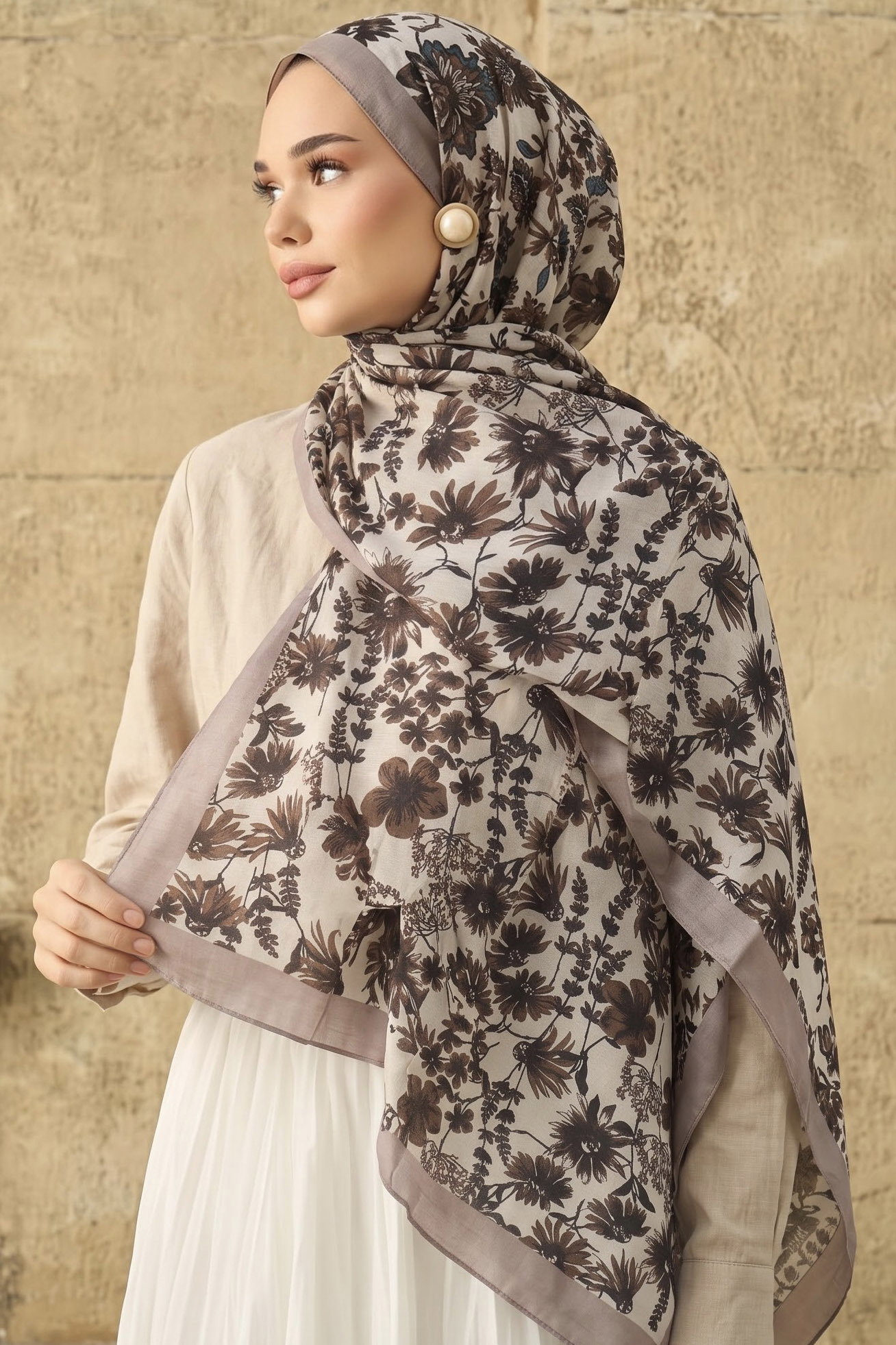 Baskılı Desenli Soft Şal Bej - 29274-BEJ - 1