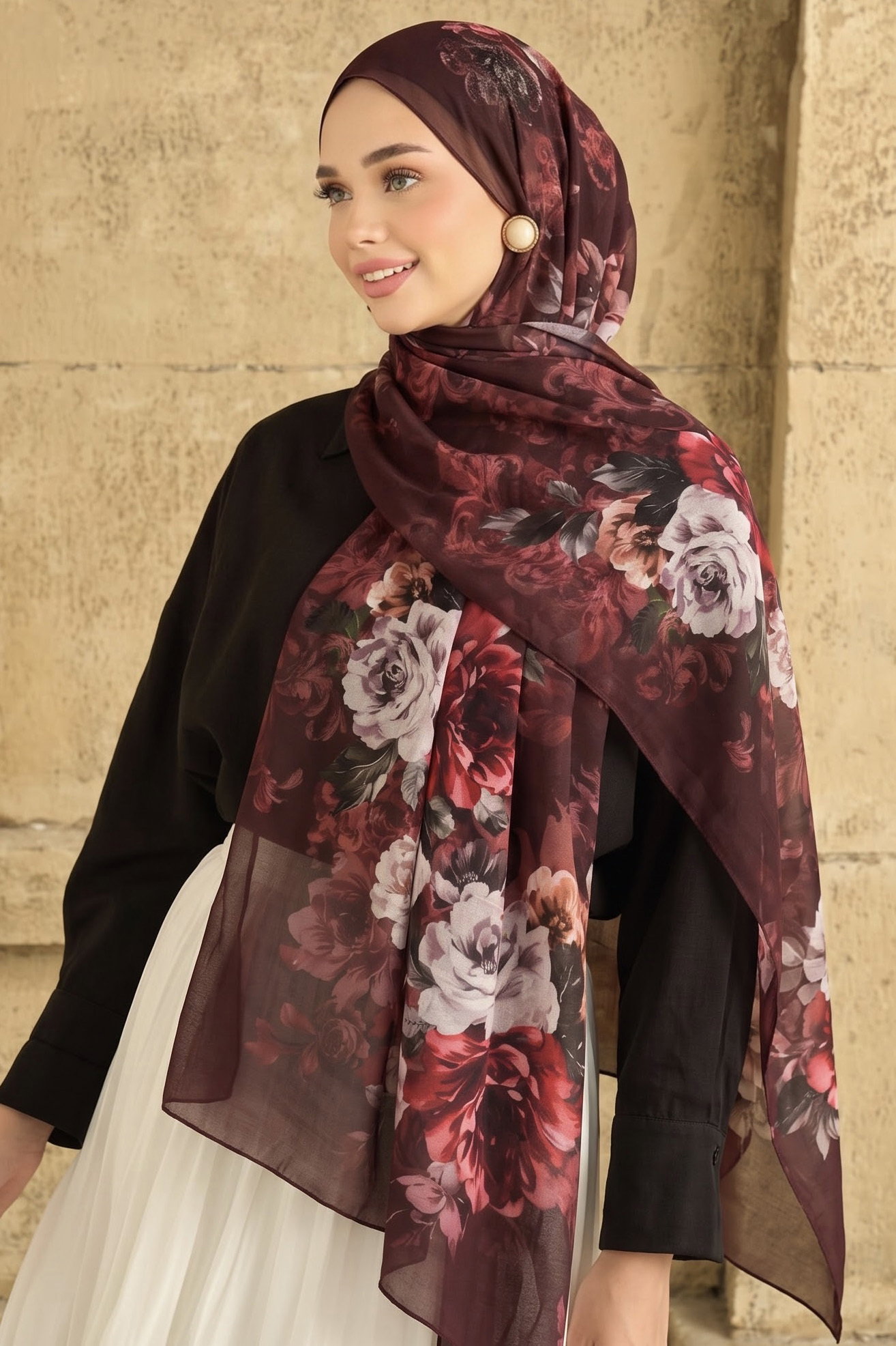 Baskılı Desenli Soft Şal Bordo - 29265-BORDO - 1