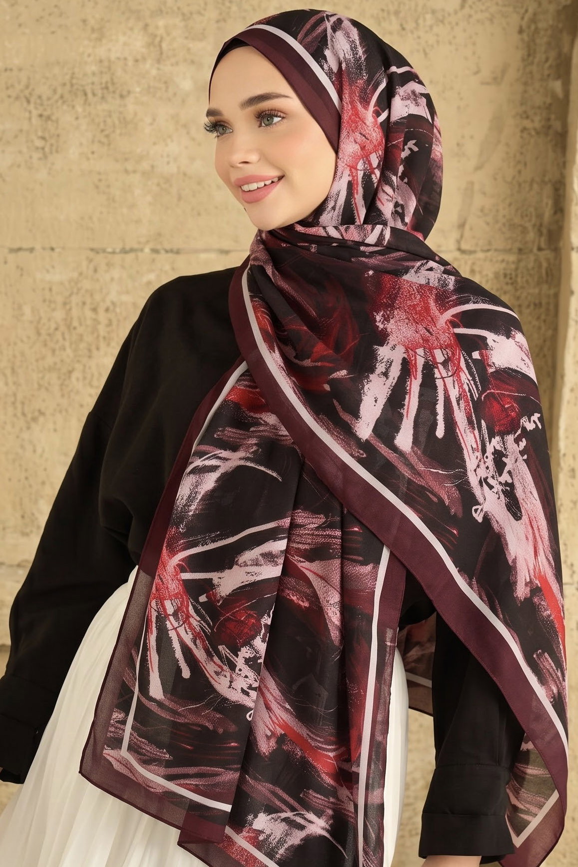 Baskılı Desenli Soft Şal Bordo - 29268-BORDO - 1