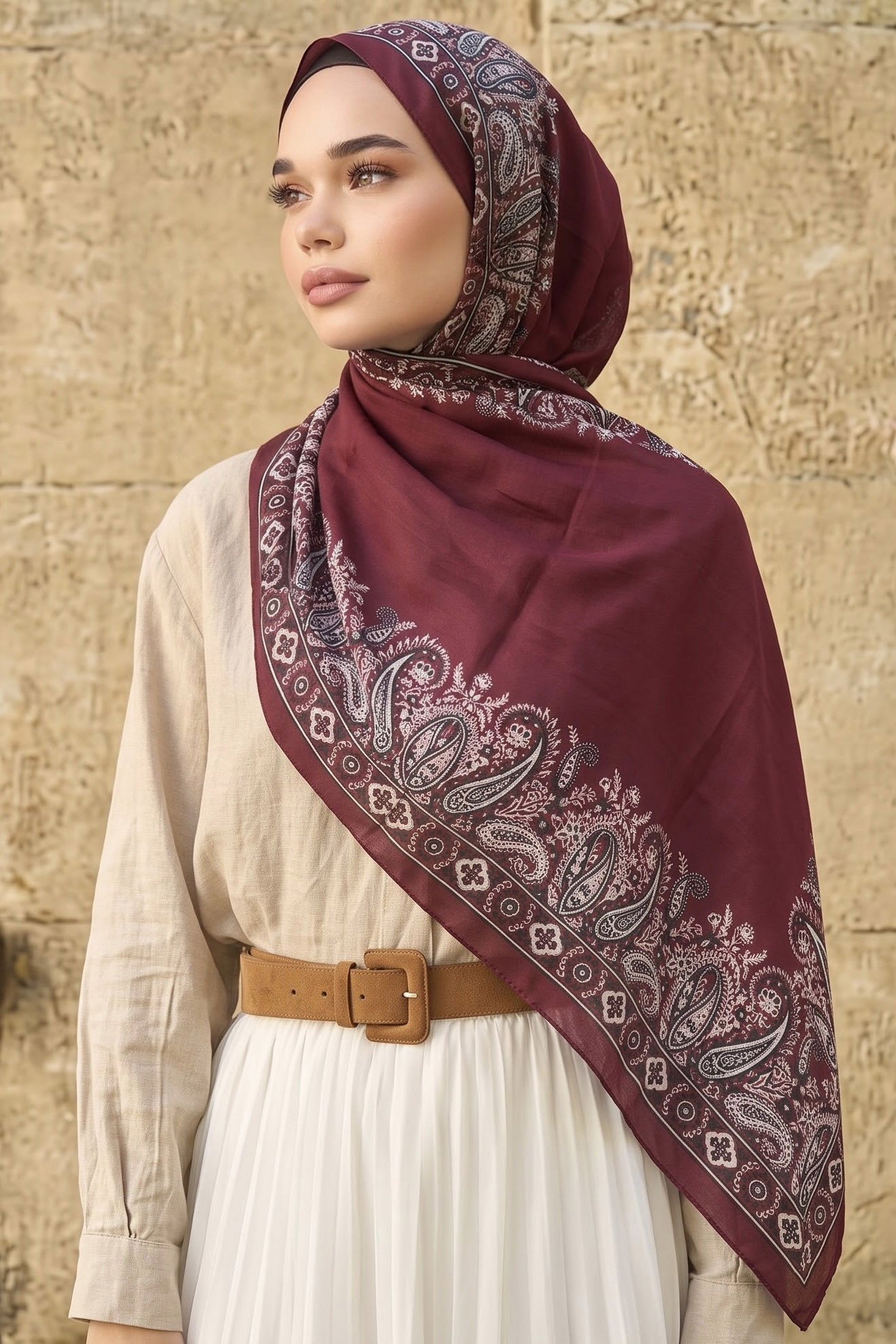 Baskılı Desenli Soft Şal Bordo - 29272-BORDO - 1