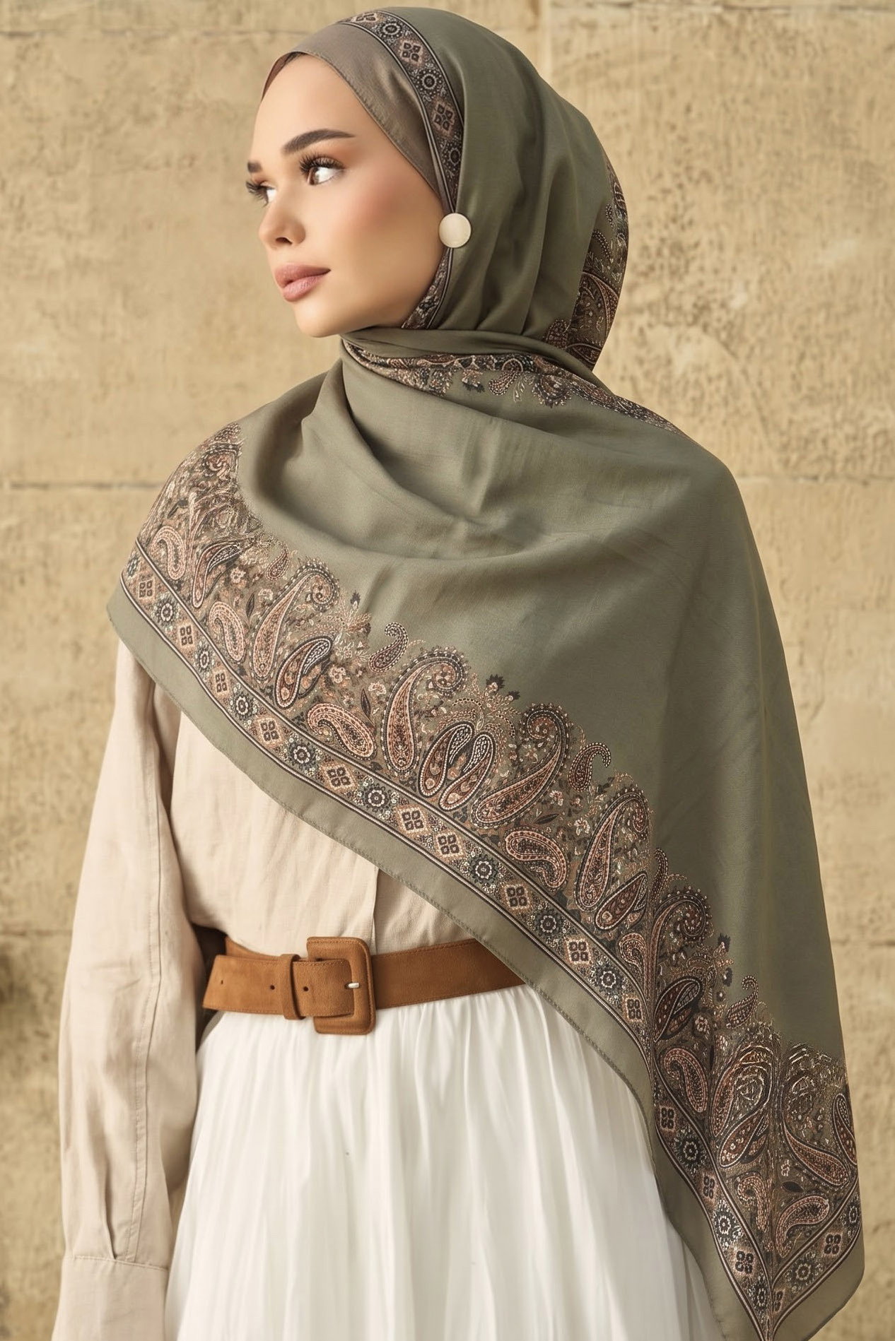 Baskılı Desenli Soft Şal Haki - 29272-HAKI - 1
