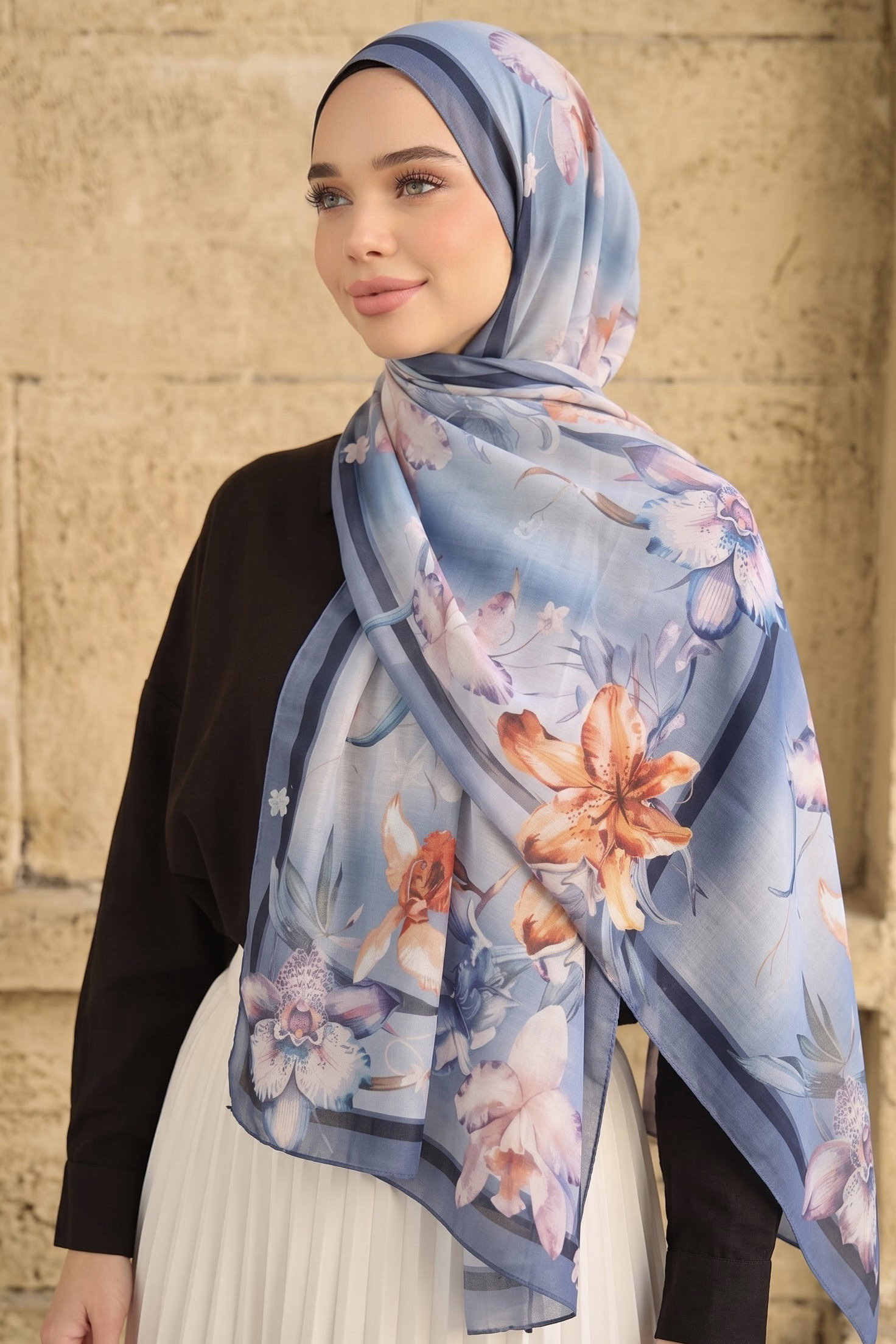Baskılı Desenli Soft Şal Indigo - 29273-INDIGO - 1