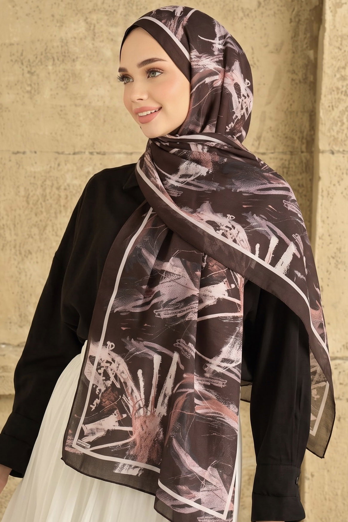 Baskılı Desenli Soft Şal Kahve - 29268-KAHVE - 1