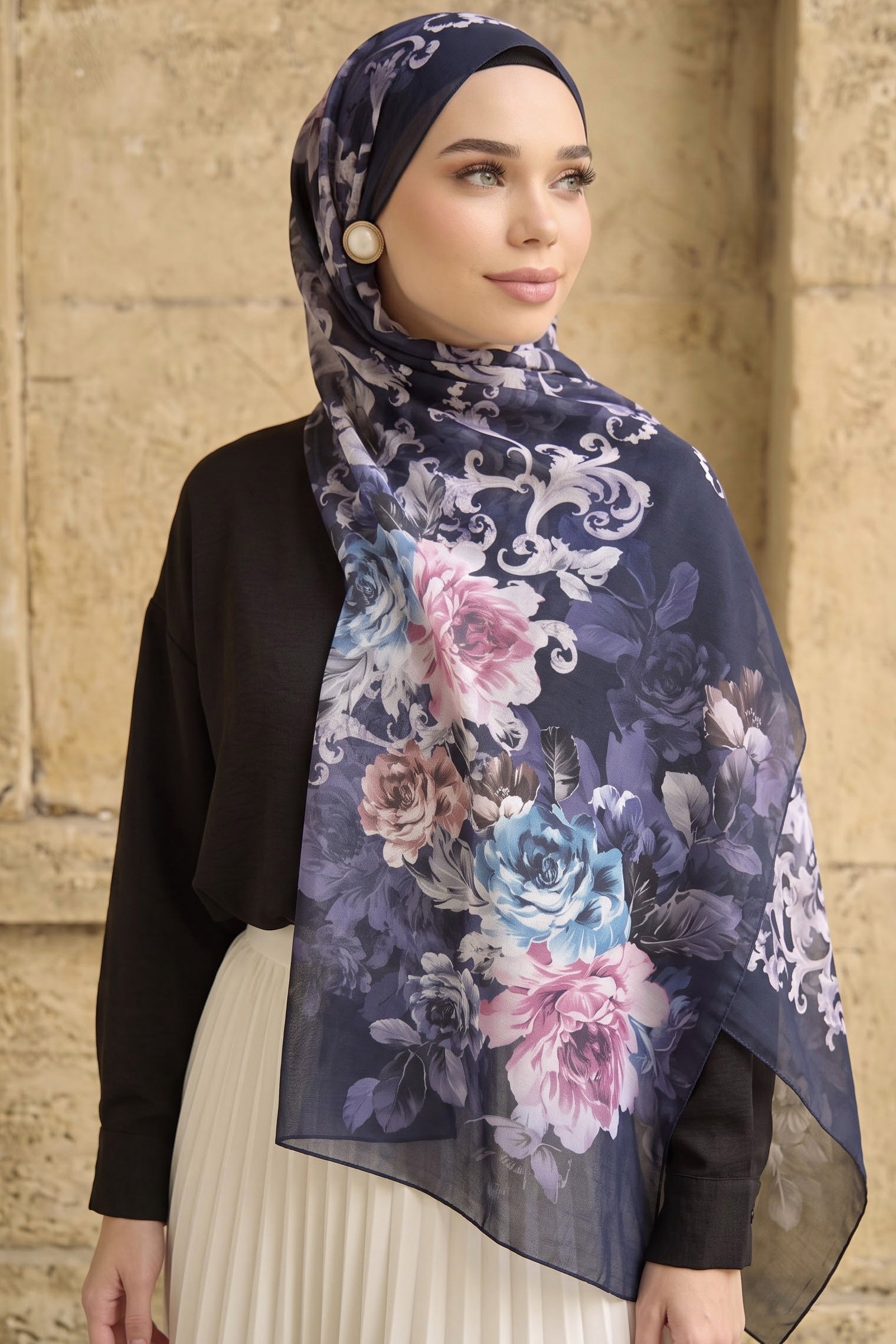 Baskılı Desenli Soft Şal Lacivert - 29265-LACIVERT - 1
