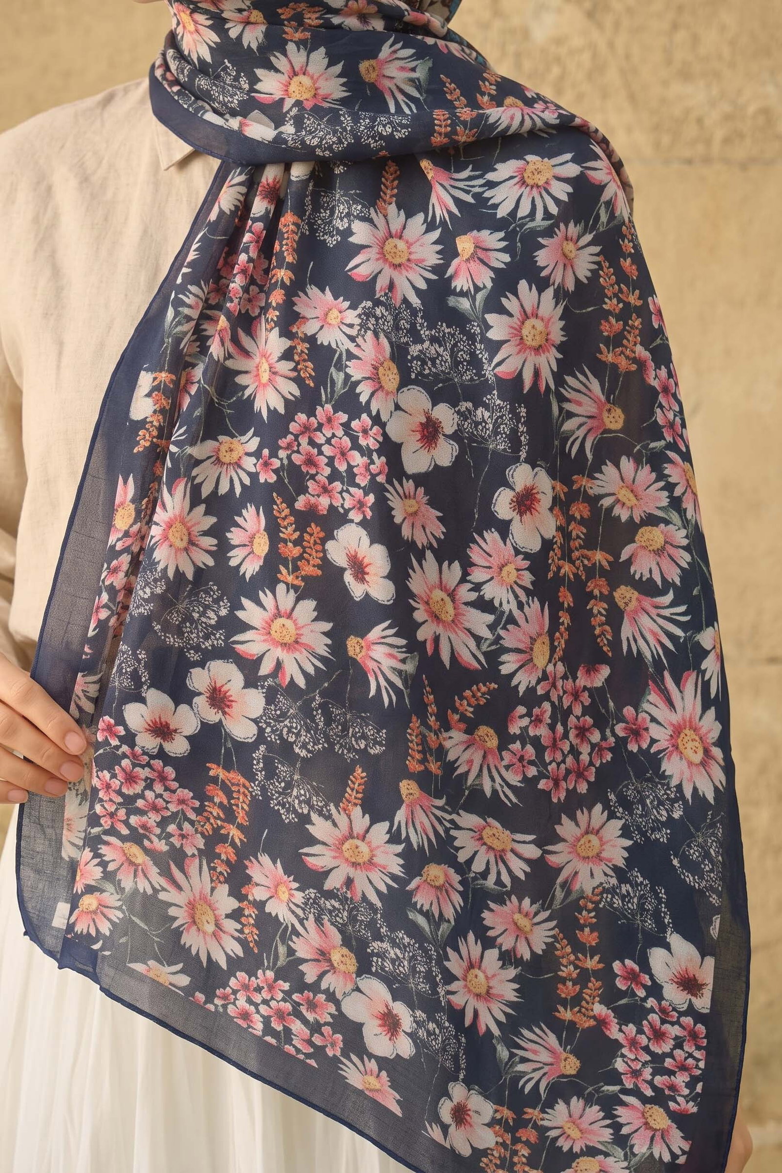 Baskılı Desenli Soft Şal Lacivert - 29274-LACIVERT - 2