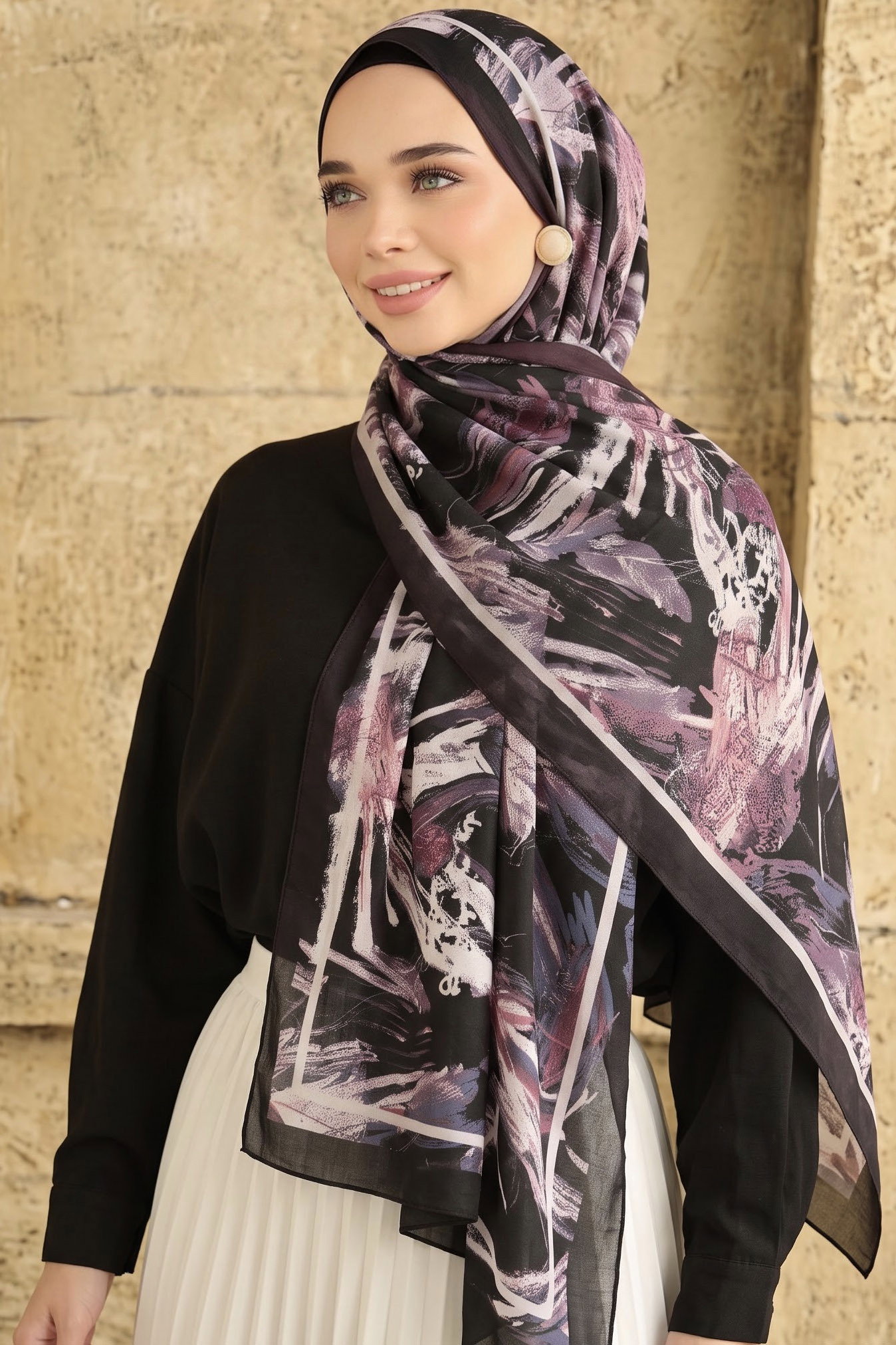 Baskılı Desenli Soft Şal Mürdüm - 29268-MURDUM - 1