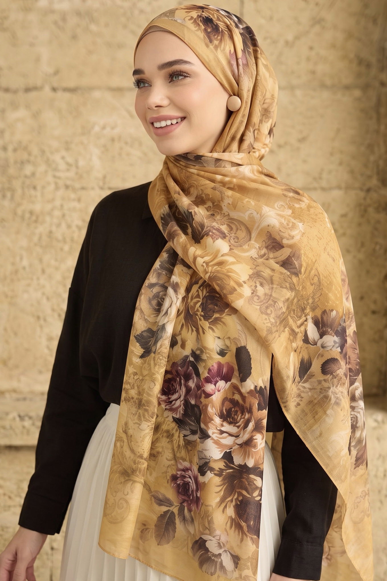 Baskılı Desenli Soft Şal Sari - 29265-SARI - 1