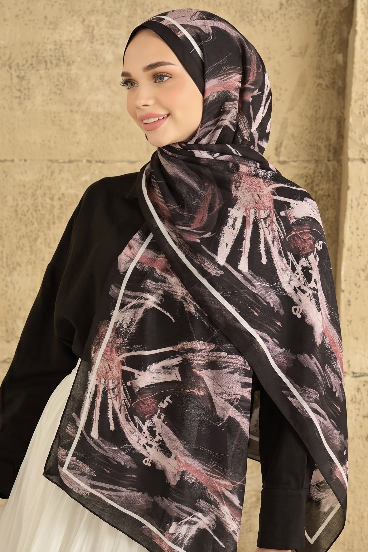 Baskılı Desenli Soft Şal Siyah-bej - 29268-SIYAH-BEJ - 1