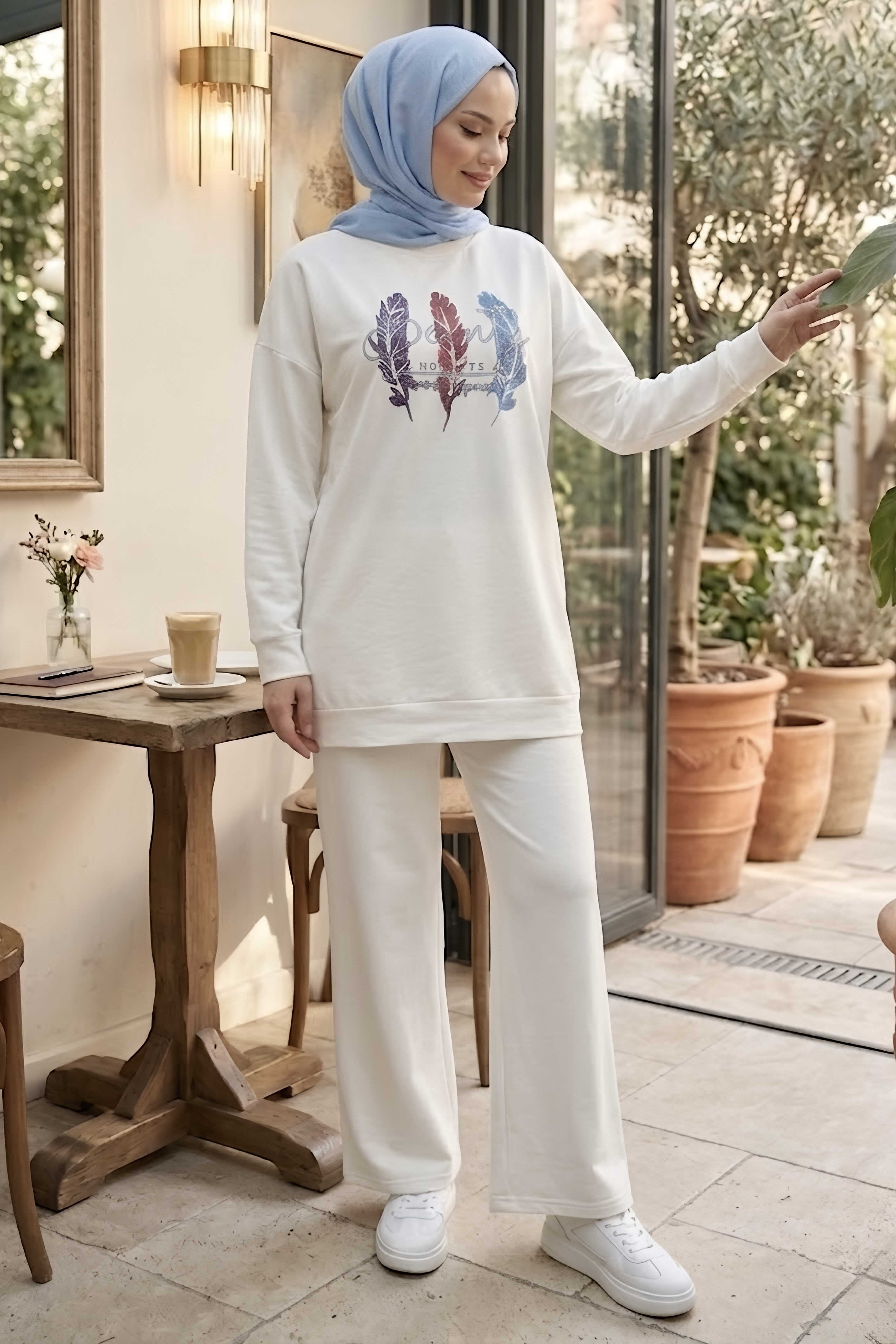 Baskılı Eşofman Takımı Beyaz - 2138-BEYAZ - 2